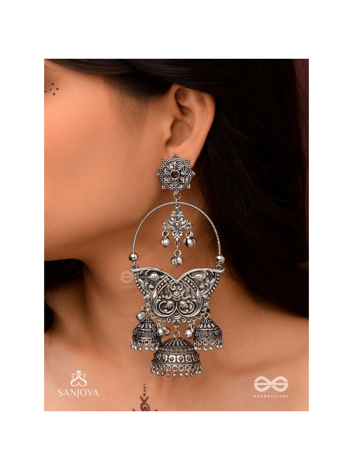  CHANDRAVALLARI-MOON VINE-SUBTLE SILVER CHANDBAALI ADORNED WITH GHUNGHROO'S