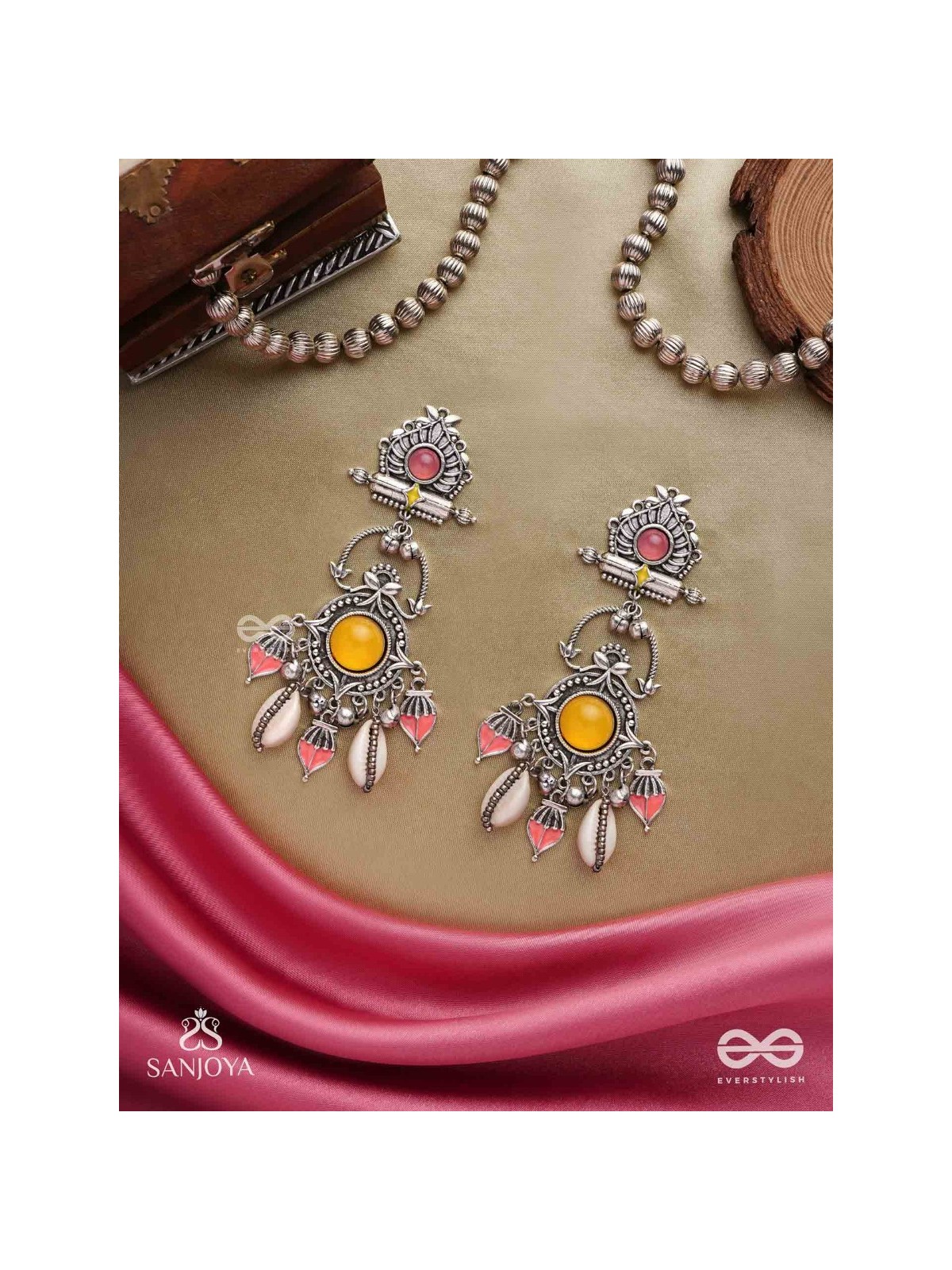  SURYARATNA-SUN GEM-SILVER-TONED EARRINGS ACCENTED WITH DANGLING COWRIE SHELLS AND GHUNGHROO'S