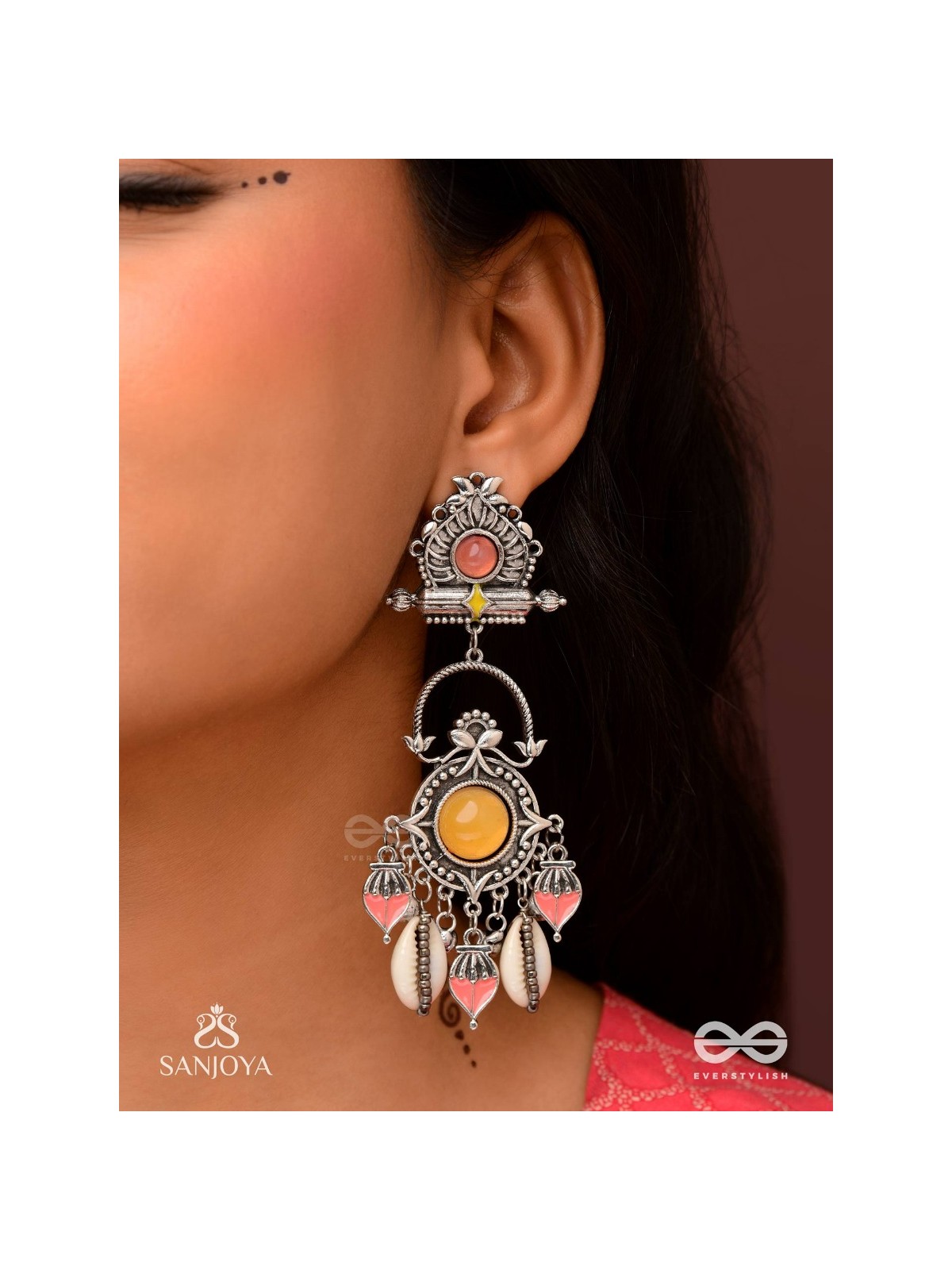  SURYARATNA-SUN GEM-SILVER-TONED EARRINGS ACCENTED WITH DANGLING COWRIE SHELLS AND GHUNGHROO'S