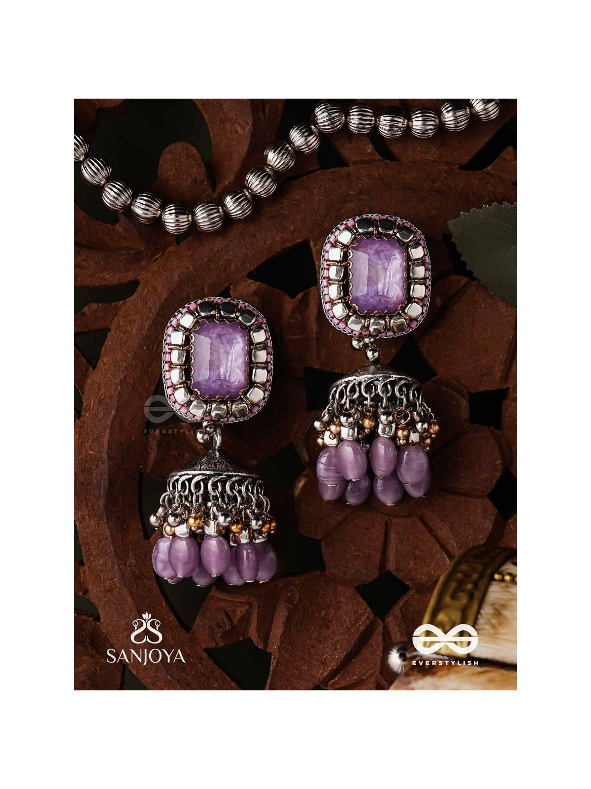  AMRITAMANJARI-NECTAR CLUSTER- EMBROIDERED LAVENDAR JHUMKA EARRINGS ADORNED WITH STONES AND BEADS