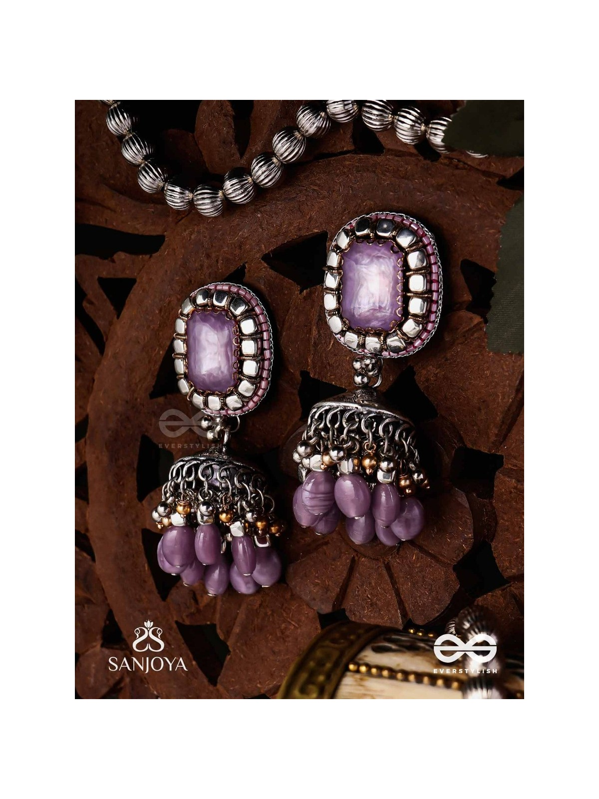  AMRITAMANJARI-NECTAR CLUSTER- EMBROIDERED LAVENDAR JHUMKA EARRINGS ADORNED WITH STONES AND BEADS