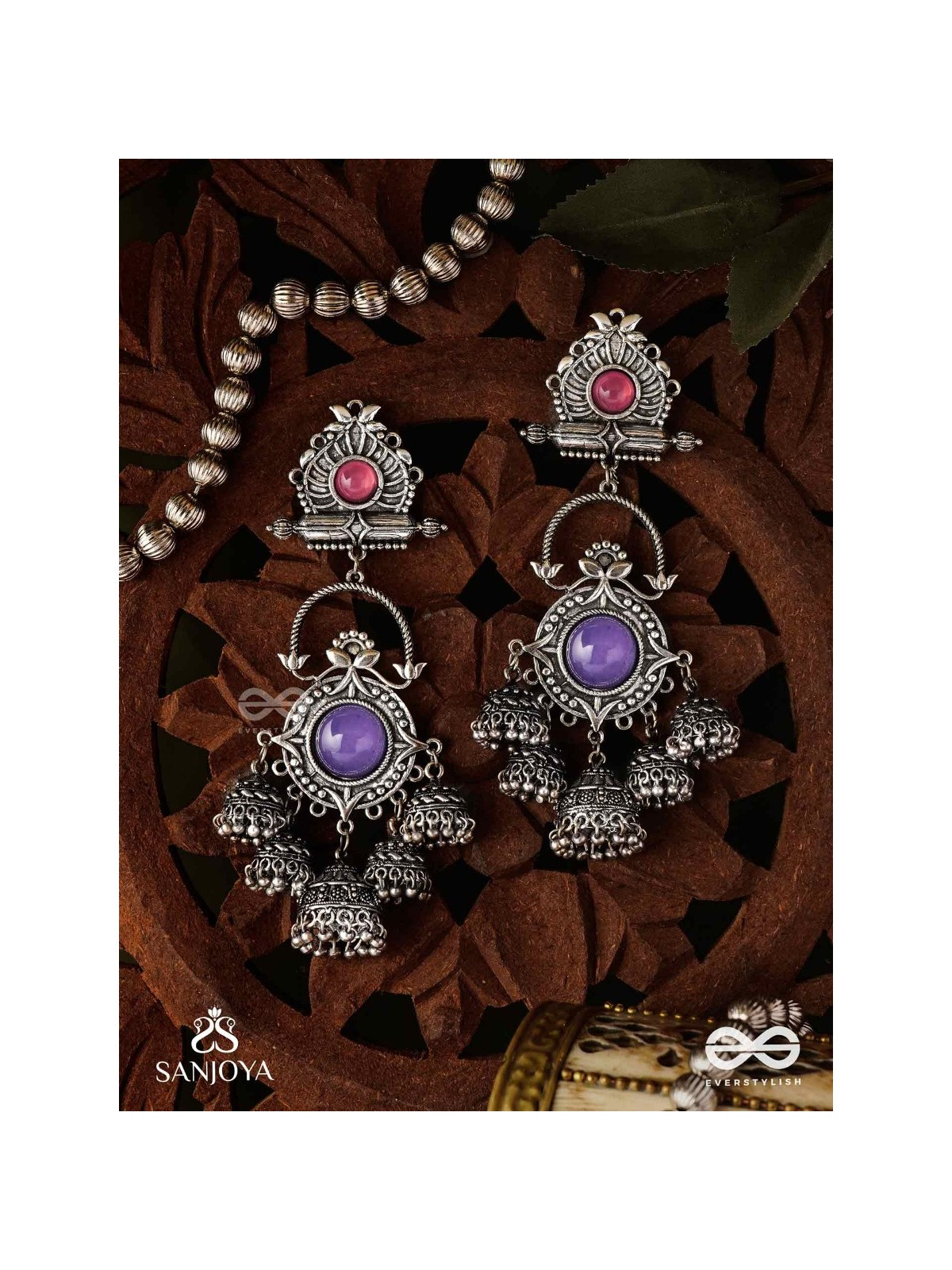  NEELADHARA-BLUE STREAM-OXIDIZED EARRINGS COMPLEMENTED BY STONES, BEADS AND DANGLING JHUMKAS