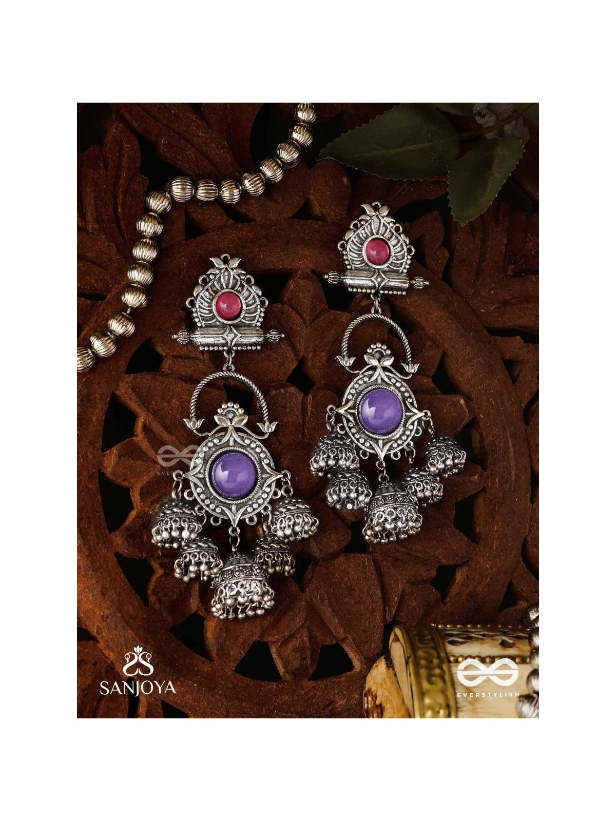  NEELADHARA-BLUE STREAM-OXIDIZED EARRINGS COMPLEMENTED BY STONES, BEADS AND DANGLING JHUMKAS