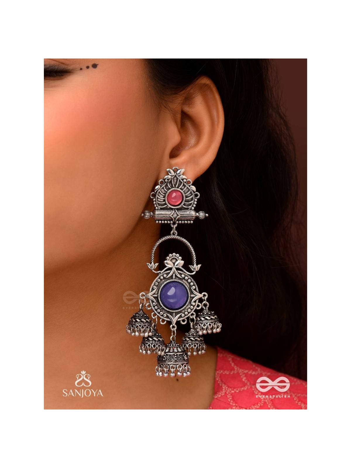  NEELADHARA-BLUE STREAM-OXIDIZED EARRINGS COMPLEMENTED BY STONES, BEADS AND DANGLING JHUMKAS