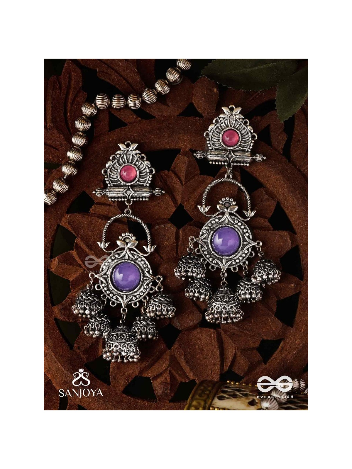  NEELADHARA-BLUE STREAM-OXIDIZED EARRINGS COMPLEMENTED BY STONES, BEADS AND DANGLING JHUMKAS