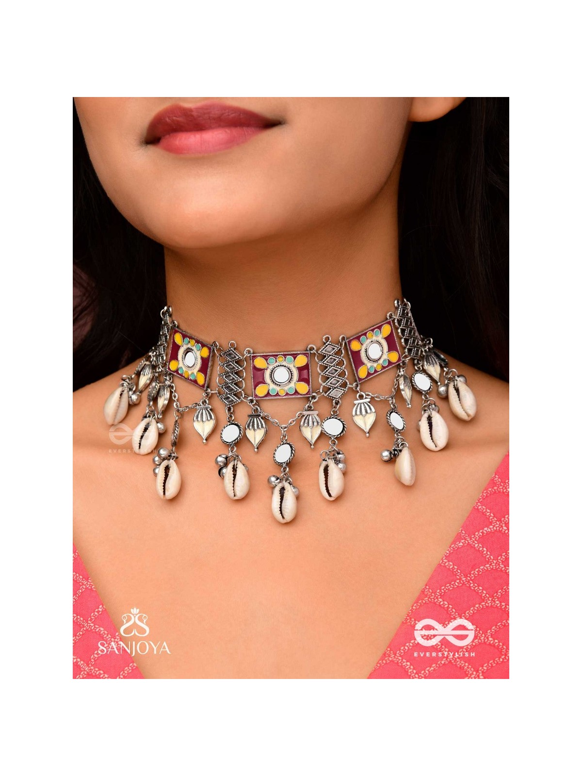  SANGRAHITAVARNA- COLLECTED HUES- ENAMELLED OXIDIZED CHOKER NECKPIECE IN PASTEL HUES WITH COWRIE SHELLS, GHUNGROOS AND MIRRORWORK