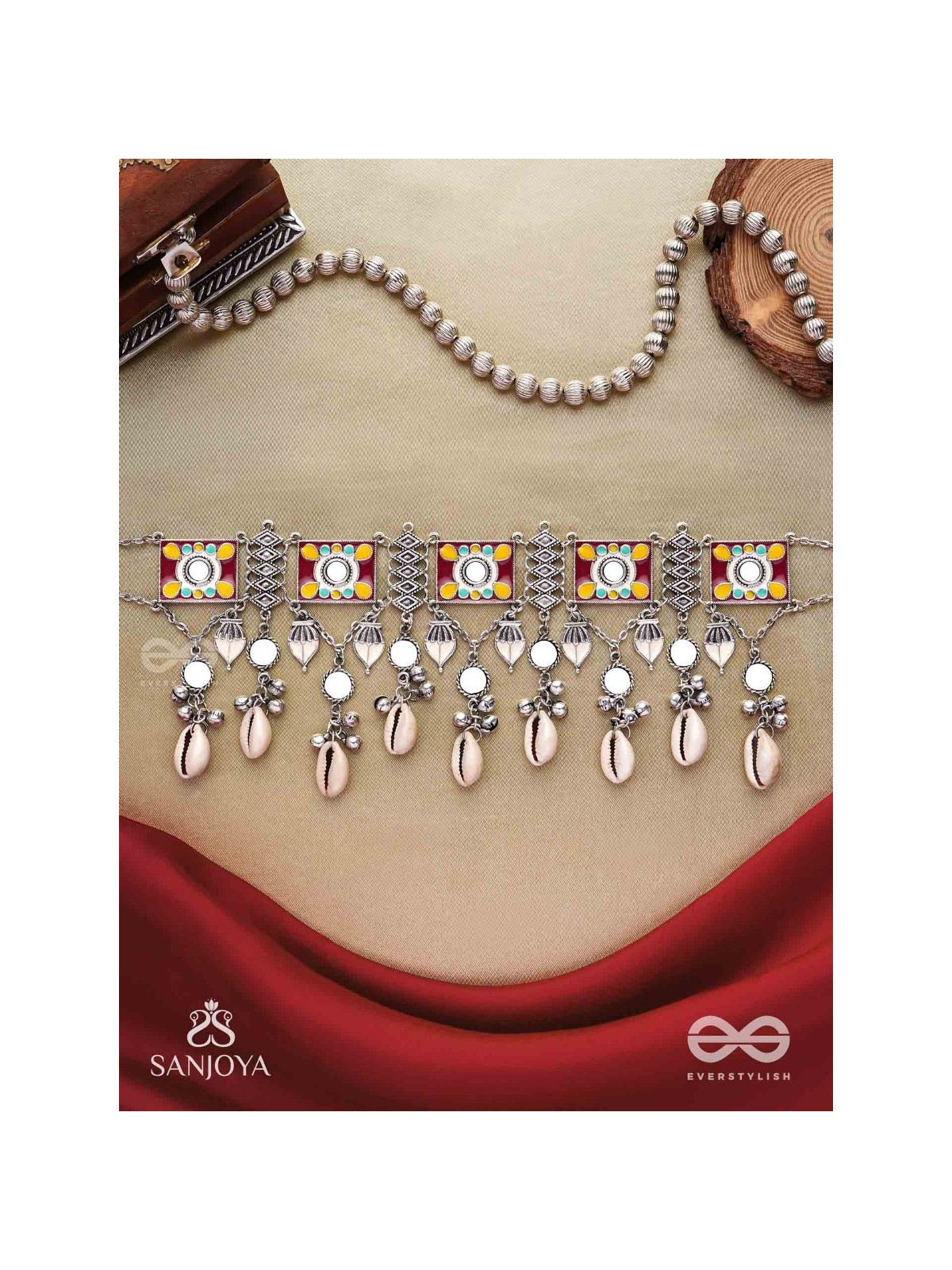  SANGRAHITAVARNA- COLLECTED HUES- ENAMELLED OXIDIZED CHOKER NECKPIECE IN PASTEL HUES WITH COWRIE SHELLS, GHUNGROOS AND MIRRORWORK