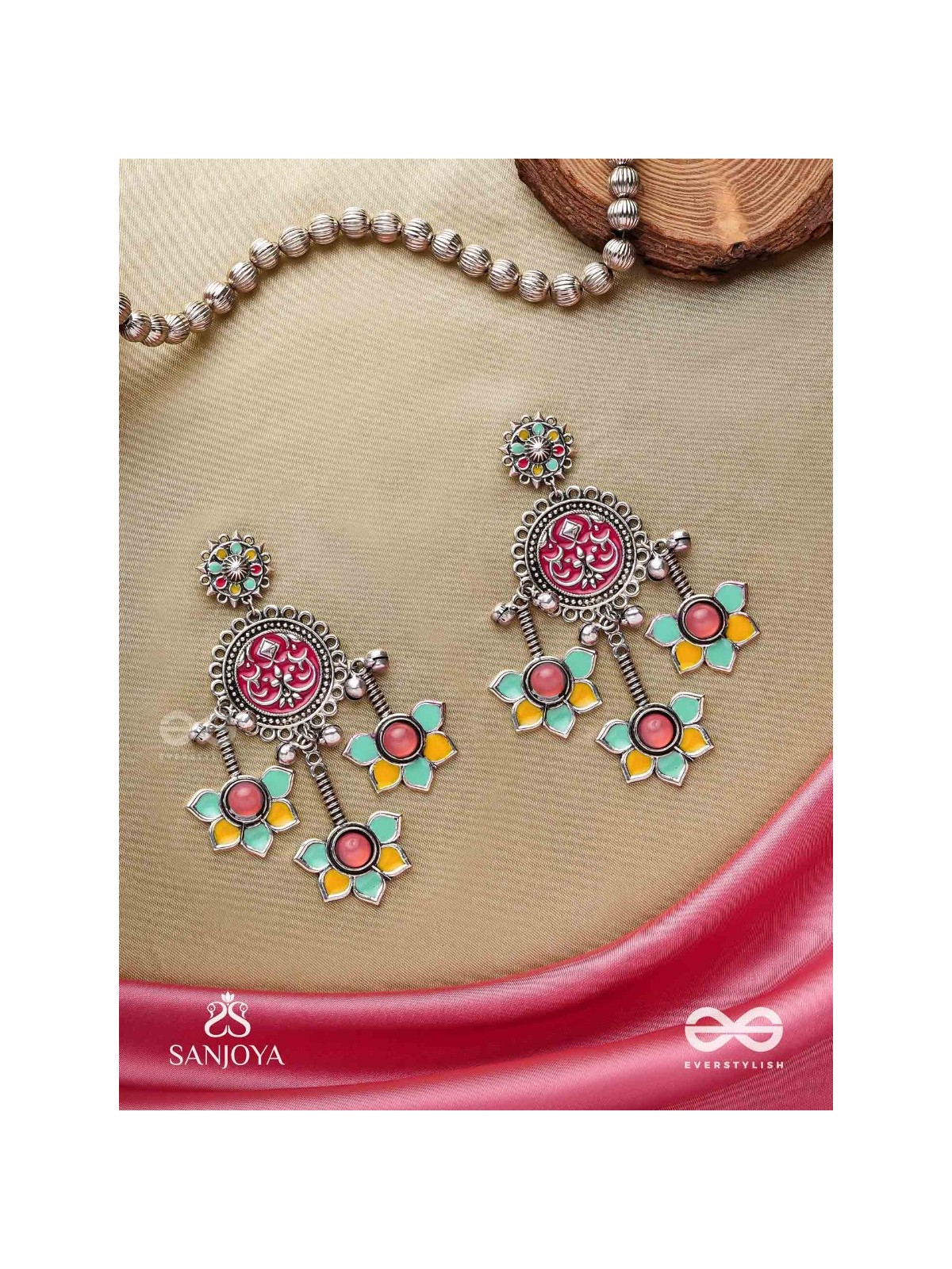  SHAHIPUSHP- ROYAL BLOSSOM- ENAMELLED EARRINGS WITH MULTI COLOURED STONES SET IN SILVER TONED METAL
