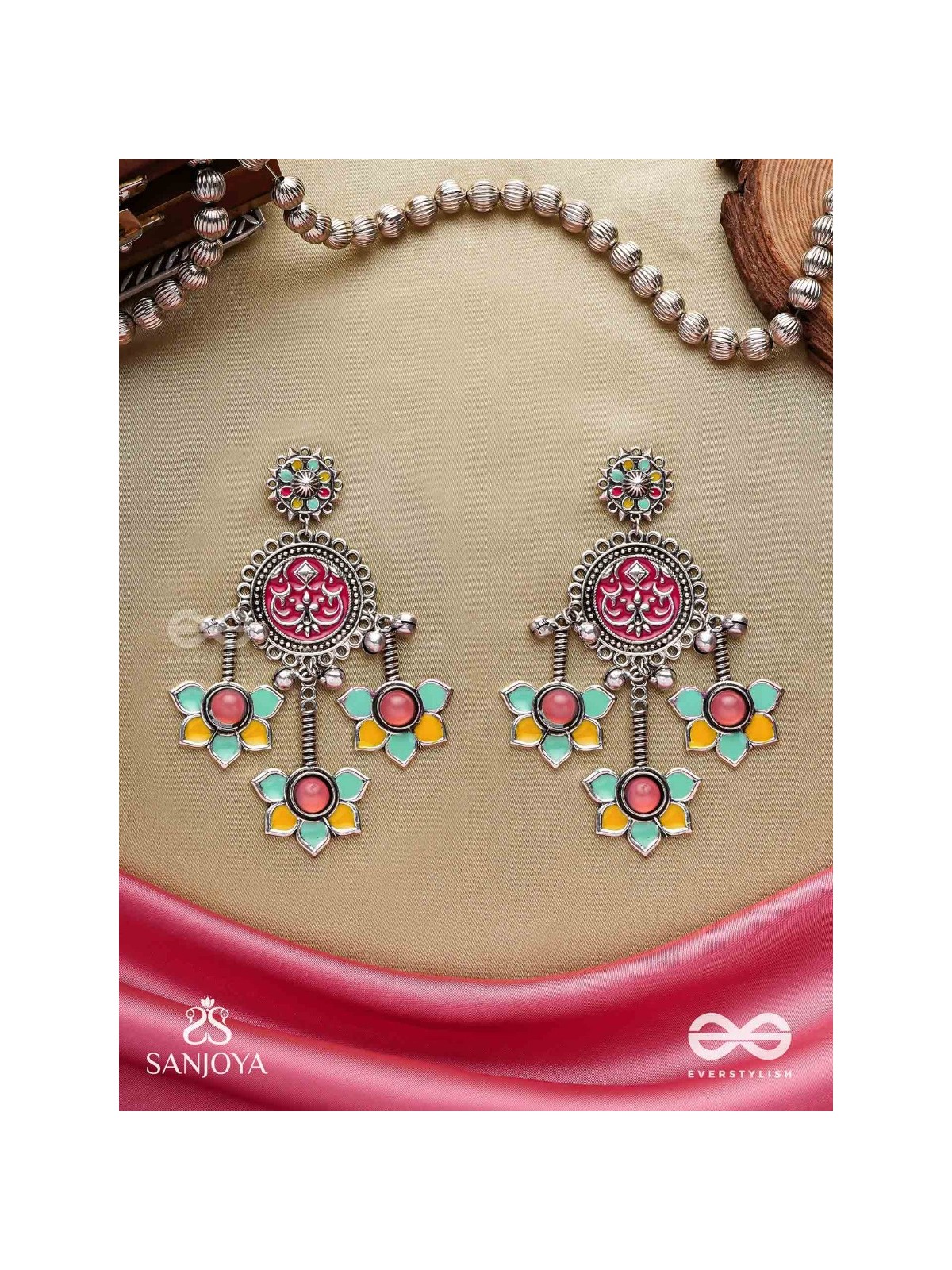  SHAHIPUSHP- ROYAL BLOSSOM- ENAMELLED EARRINGS WITH MULTI COLOURED STONES SET IN SILVER TONED METAL
