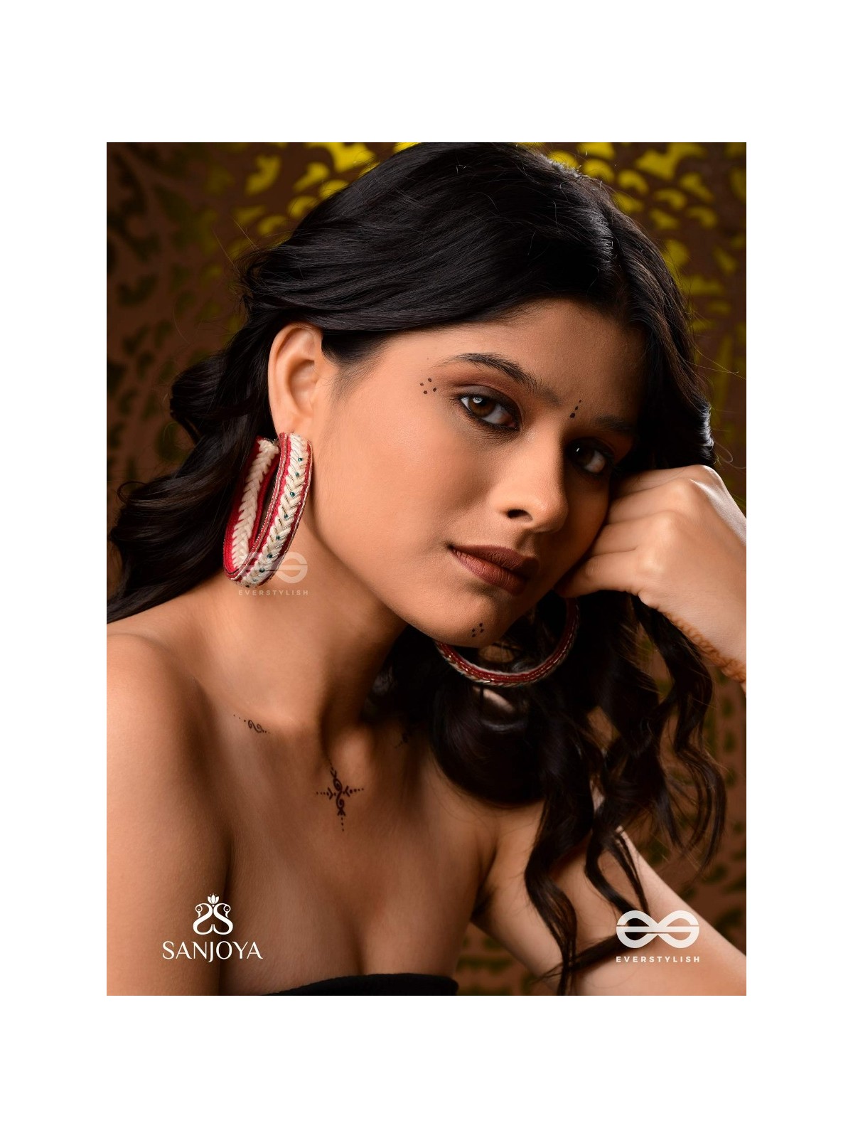 Vasantiruchi- Spring Charm- Embroidered earrings with red and white threads, decorated with beads and gold accents