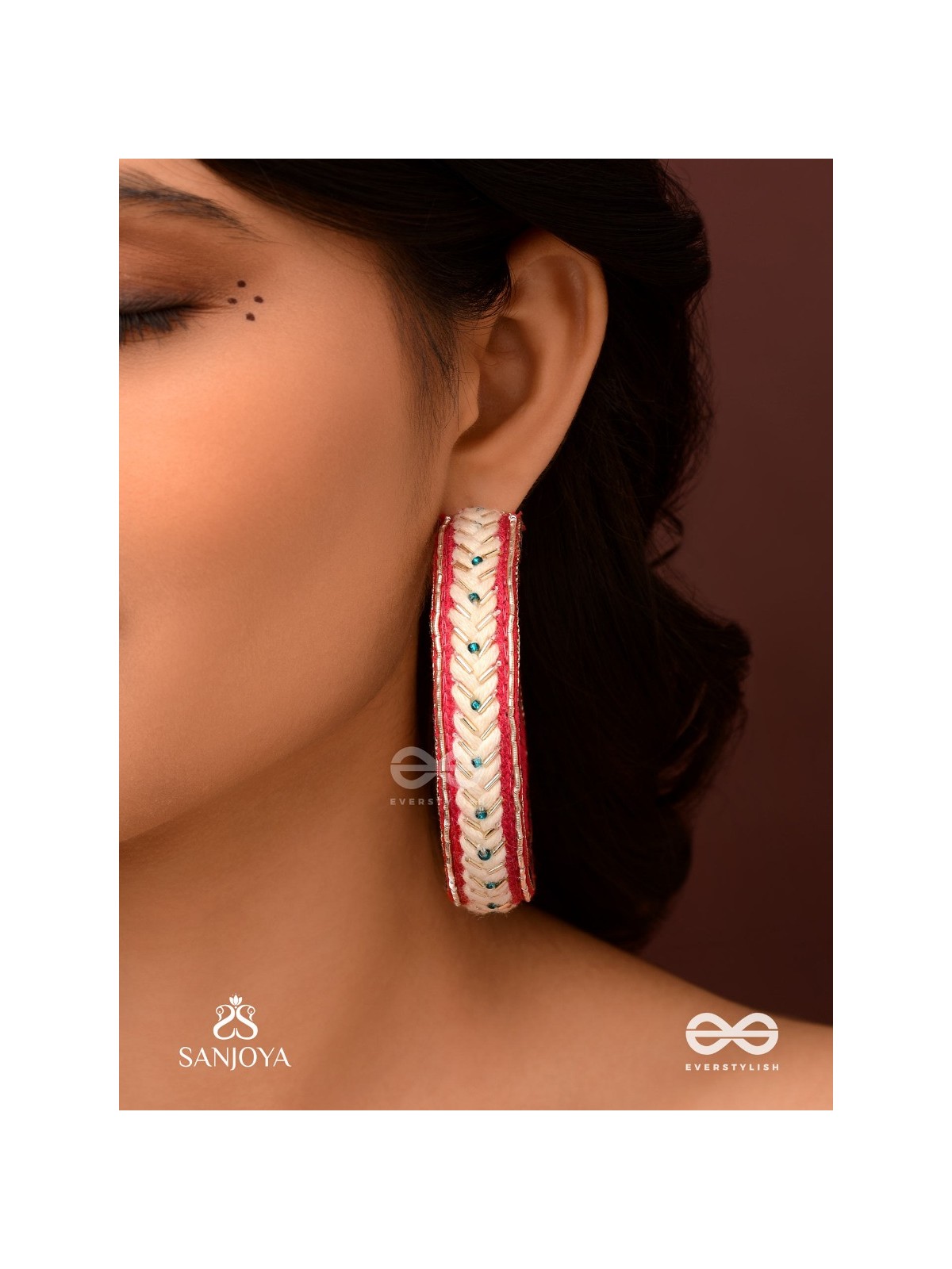 Vasantiruchi- Spring Charm- Embroidered earrings with red and white threads, decorated with beads and gold accents