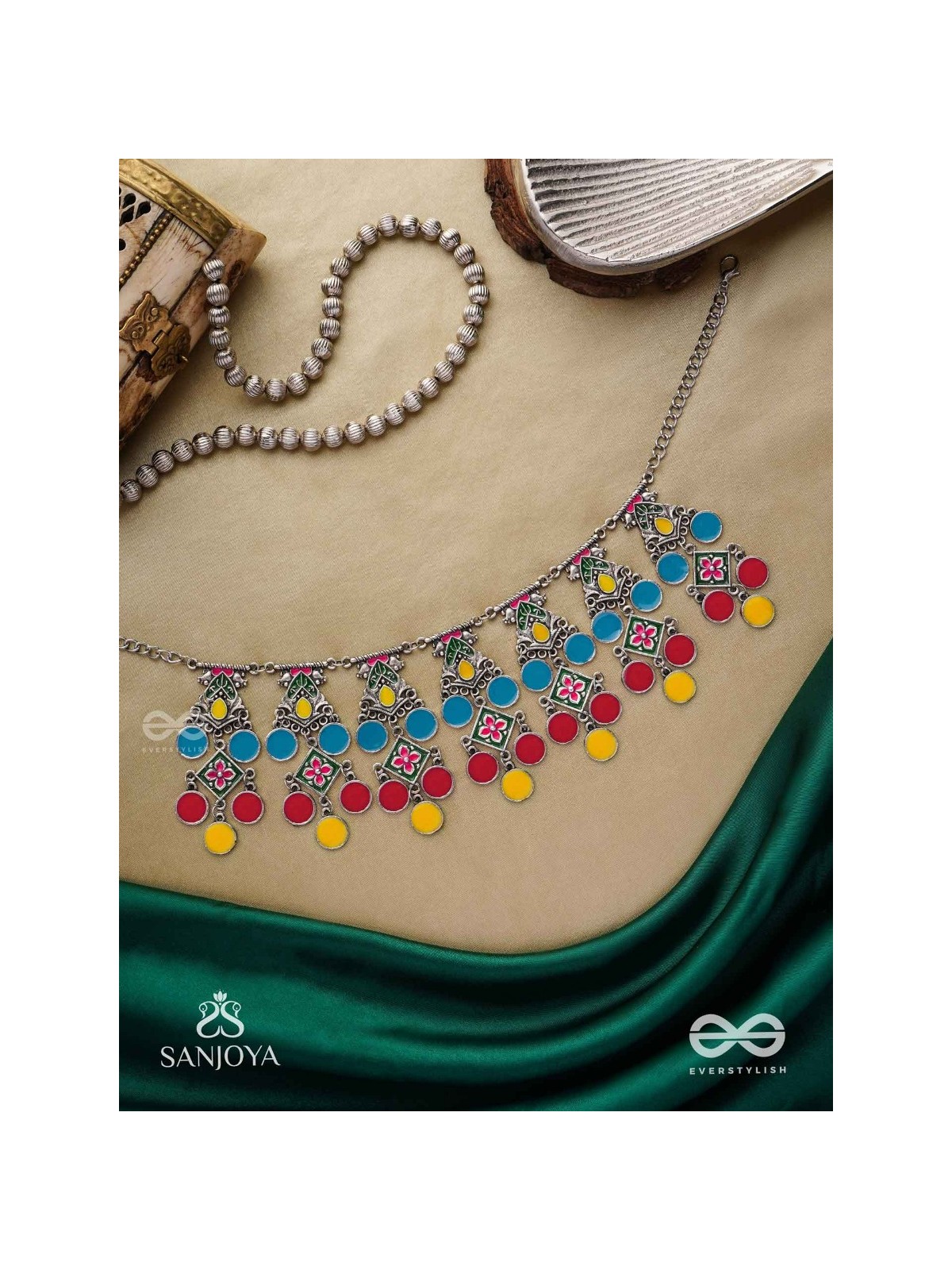 Manjari- Blossom Chain-Slender metallic chain with cascade of enamel designs.