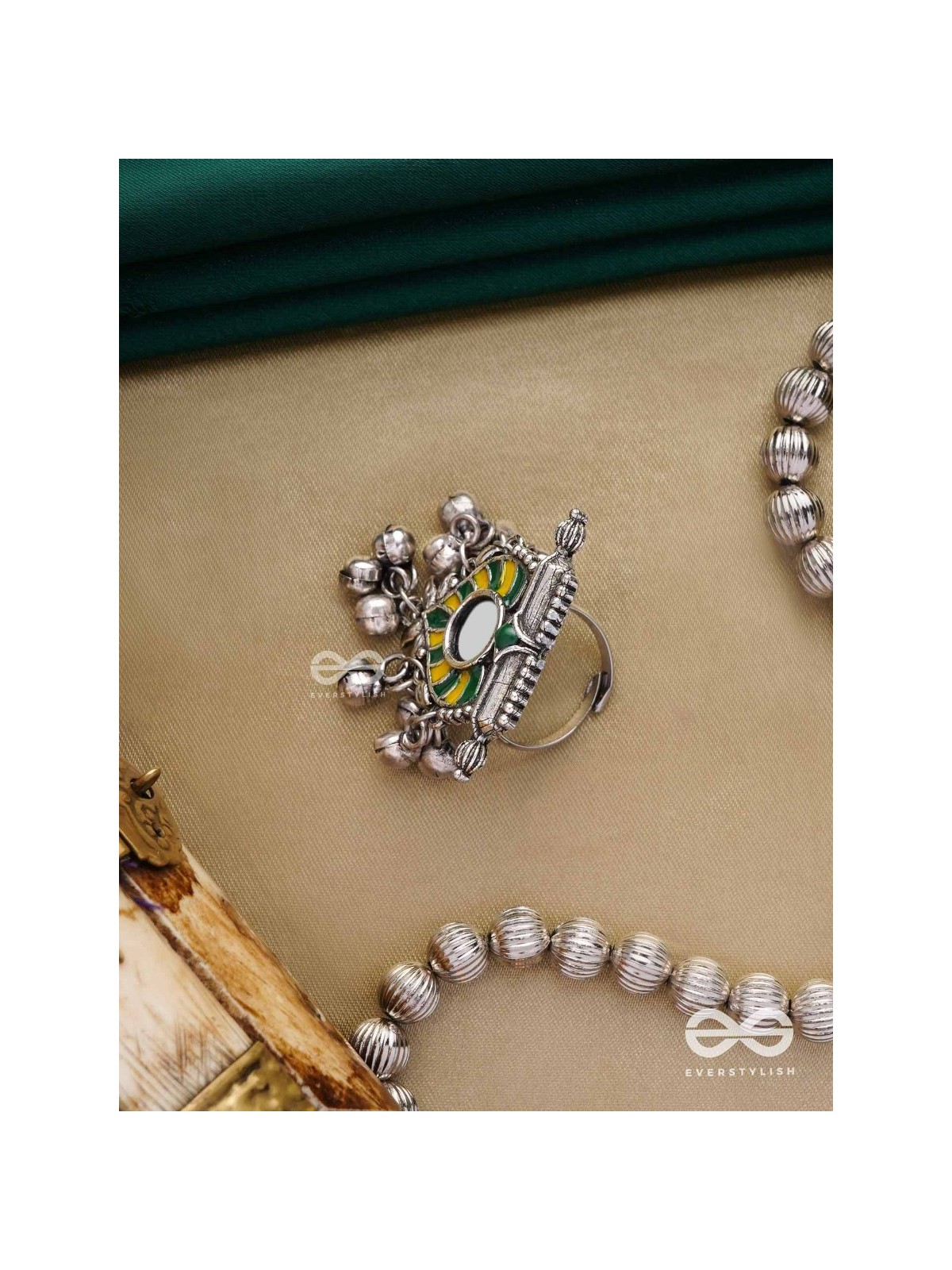 Moss Canopy-  Enamelled Oxidized Adjustable ring  with ghungroos and mirror.