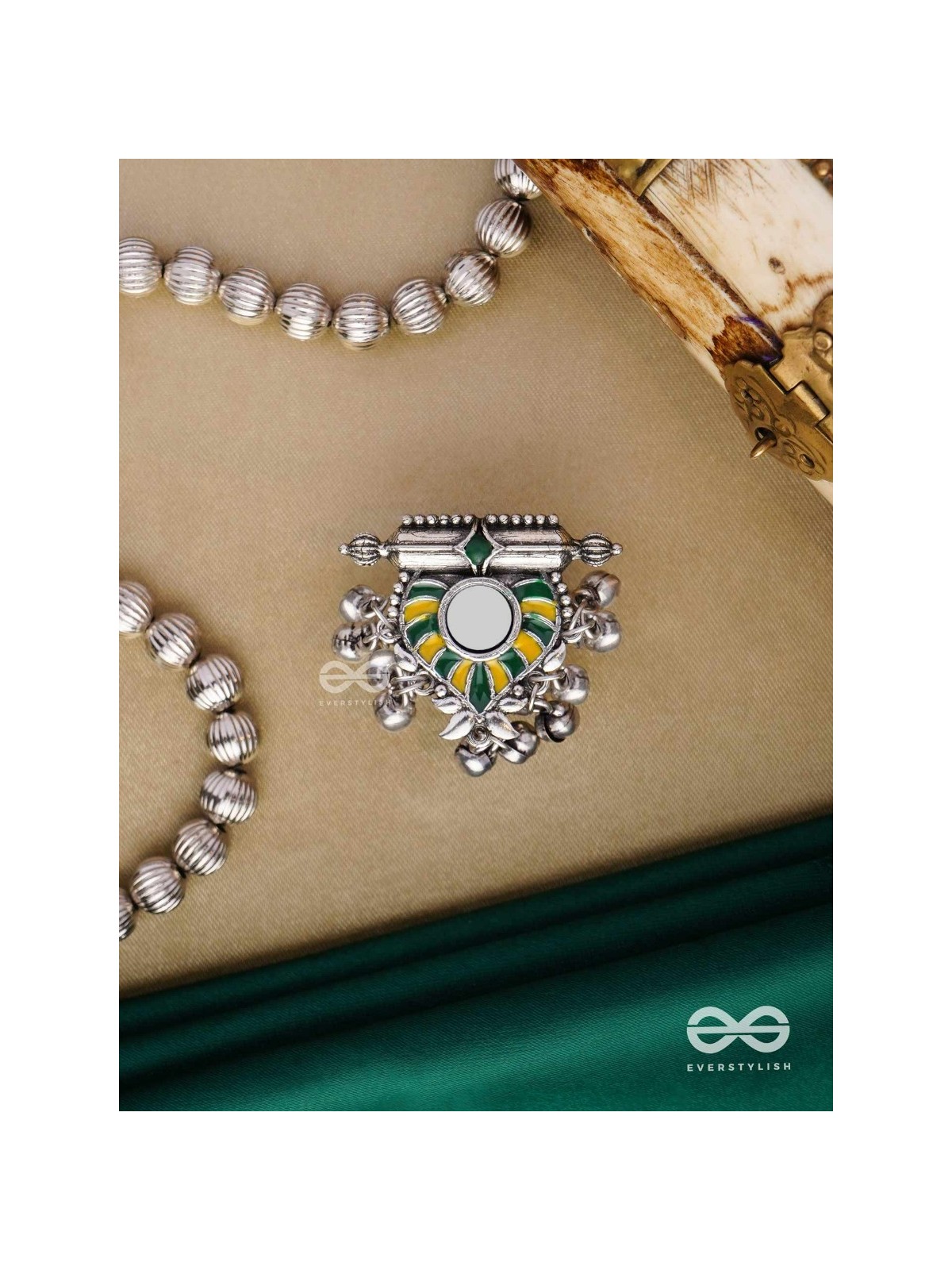 Moss Canopy-  Enamelled Oxidized Adjustable ring  with ghungroos and mirror.