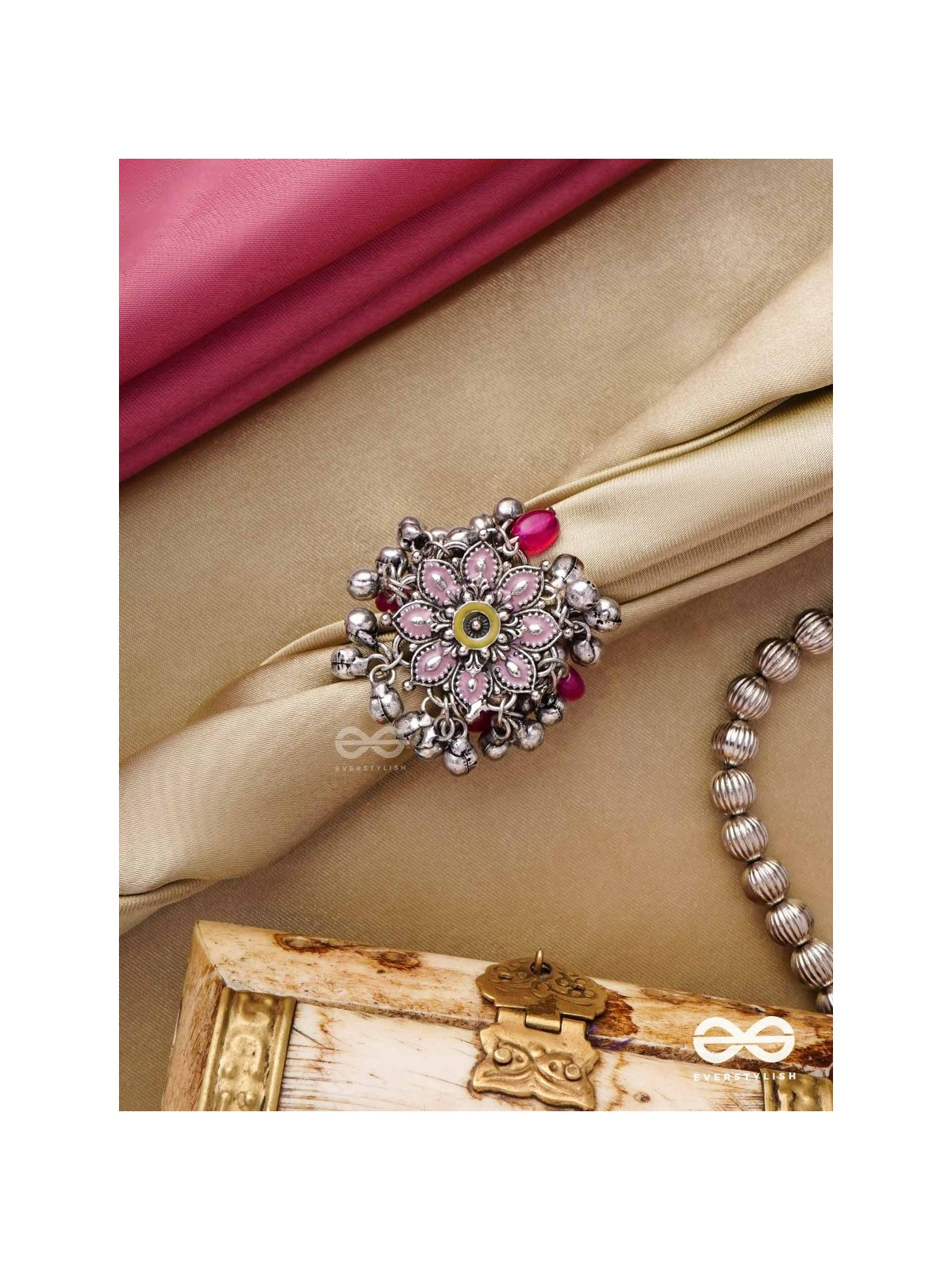 Autumn Leaf Ring-  Enamelled Adjustable Oxidized Beaded Ring