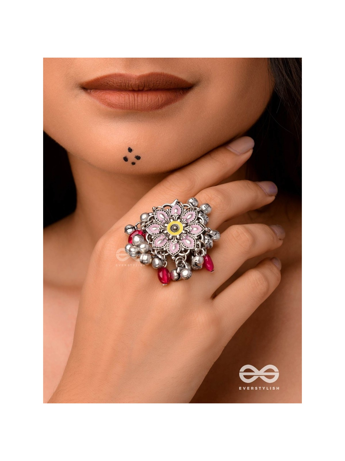 Autumn Leaf Ring-  Enamelled Adjustable Oxidized Beaded Ring