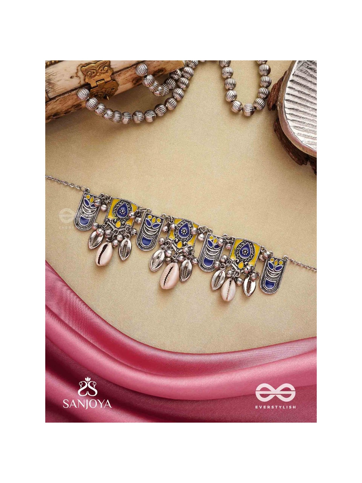 Shankhariti-Conch Elegance- Enamelled Choker neckpiece with pastel motifs with cowrie shells and ghunghroo