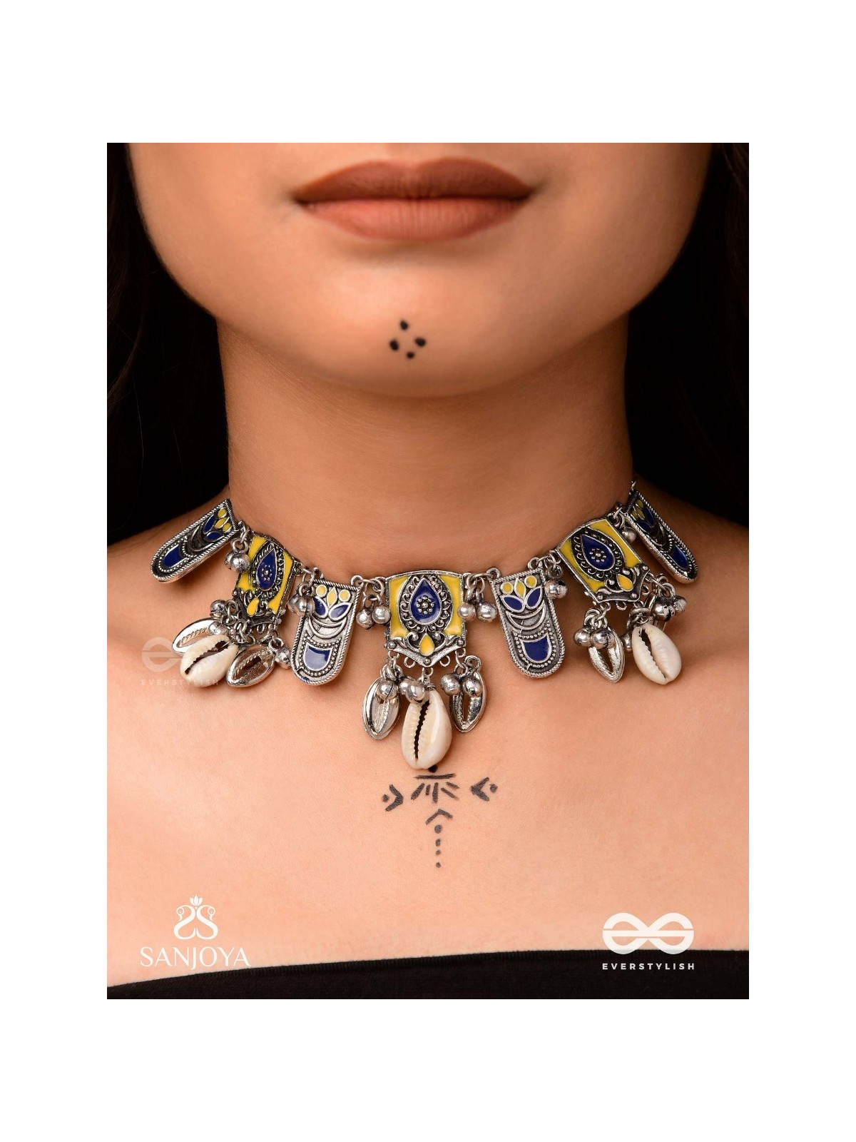 Shankhariti-Conch Elegance- Enamelled Choker neckpiece with pastel motifs with cowrie shells and ghunghroo