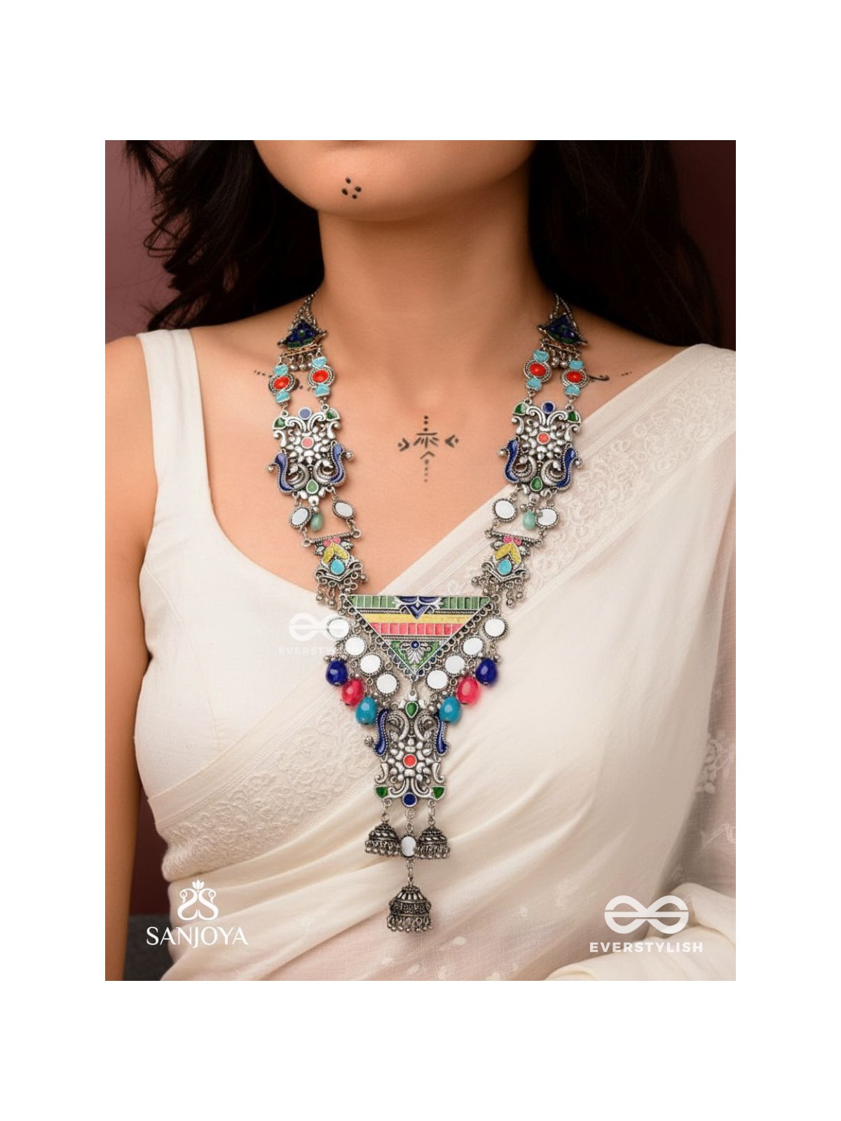 Prema raga- Love colour- Enamelled oxidized neckpiece embellished with beads, mirror and dangling jhumka.