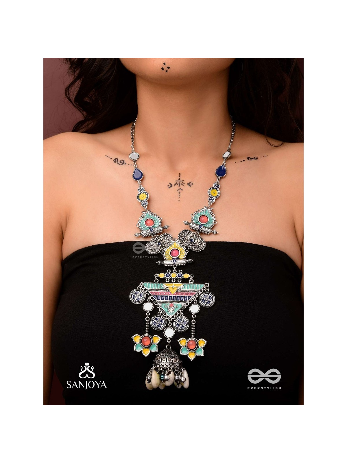 Rangapadma-Color bloom- Enamelled Neckpiece with cowrie shells,mirror and colorful gemstones on oxidized metalwork.