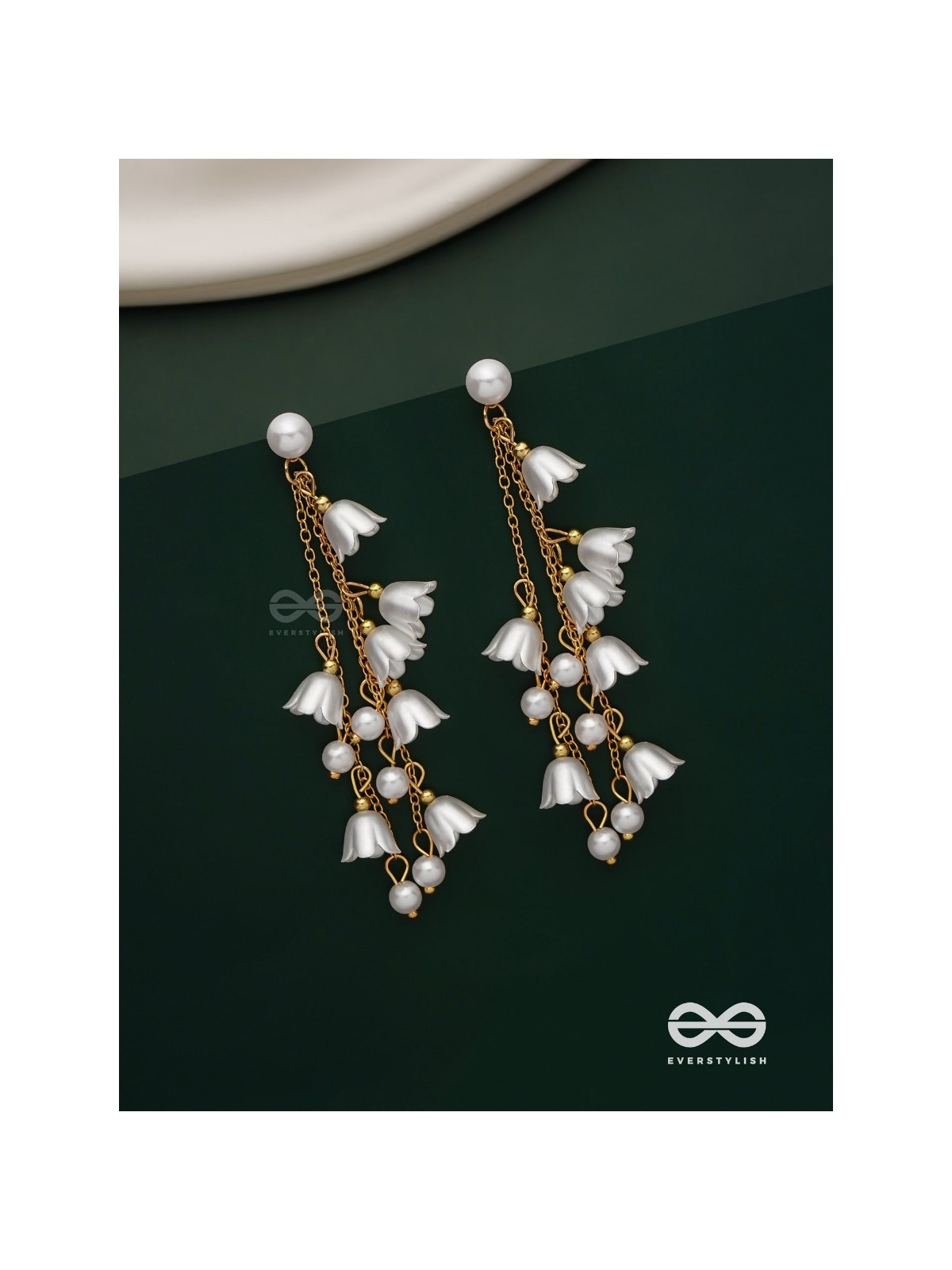 Strings of promise - Metallic dangling white rose earrings  