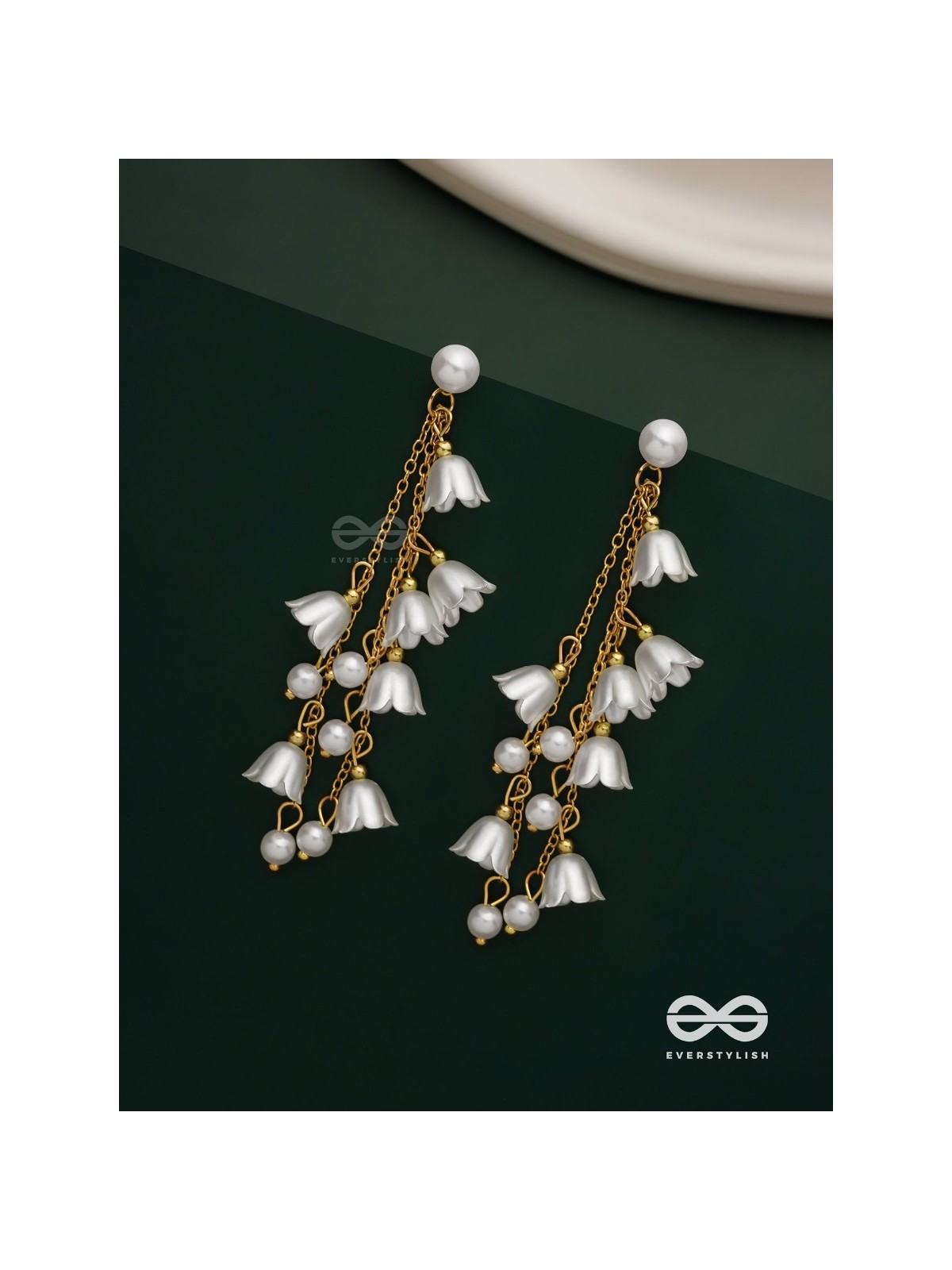 Strings of promise - Metallic dangling white rose earrings  