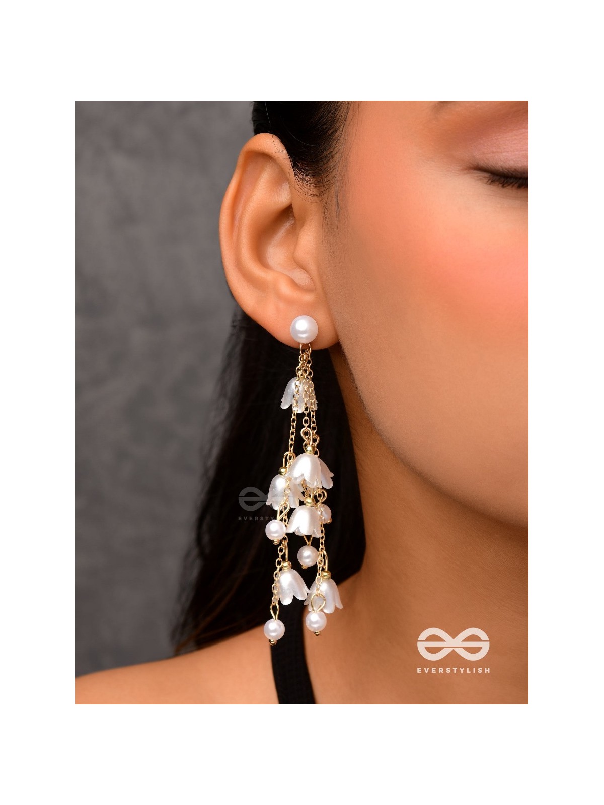Strings of promise - Metallic dangling white rose earrings  