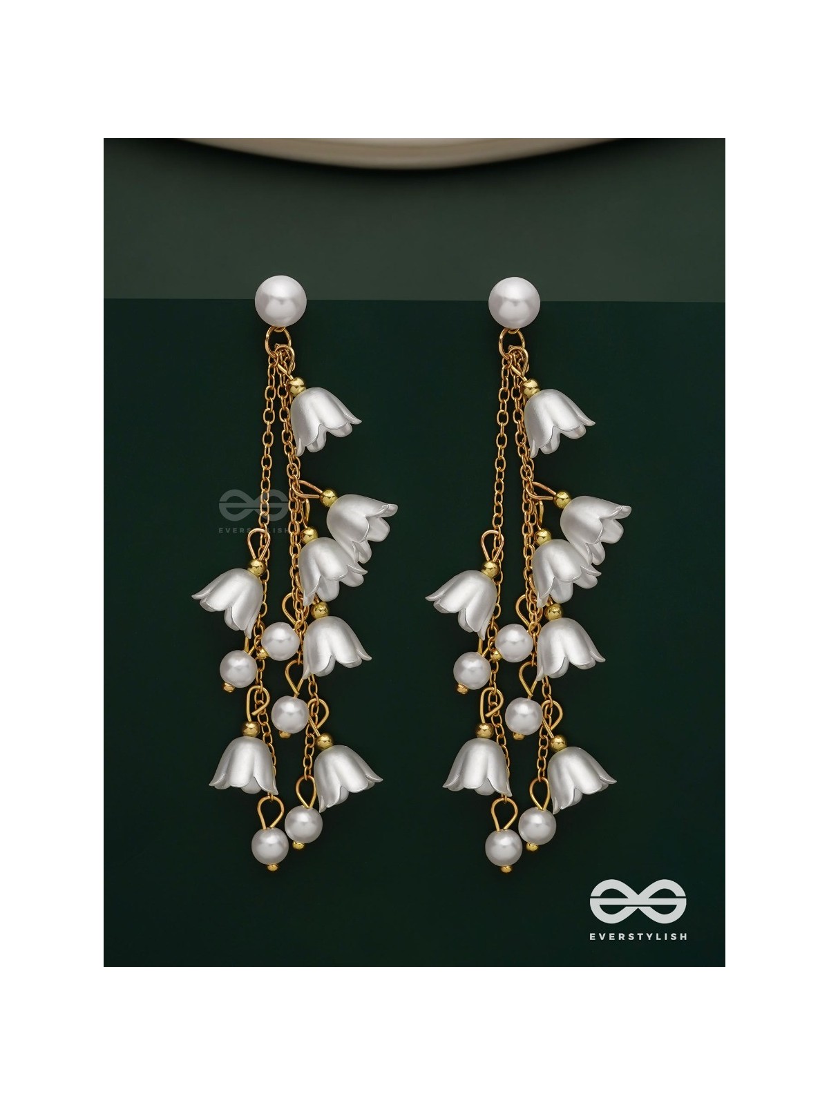 Strings of promise - Metallic dangling white rose earrings  