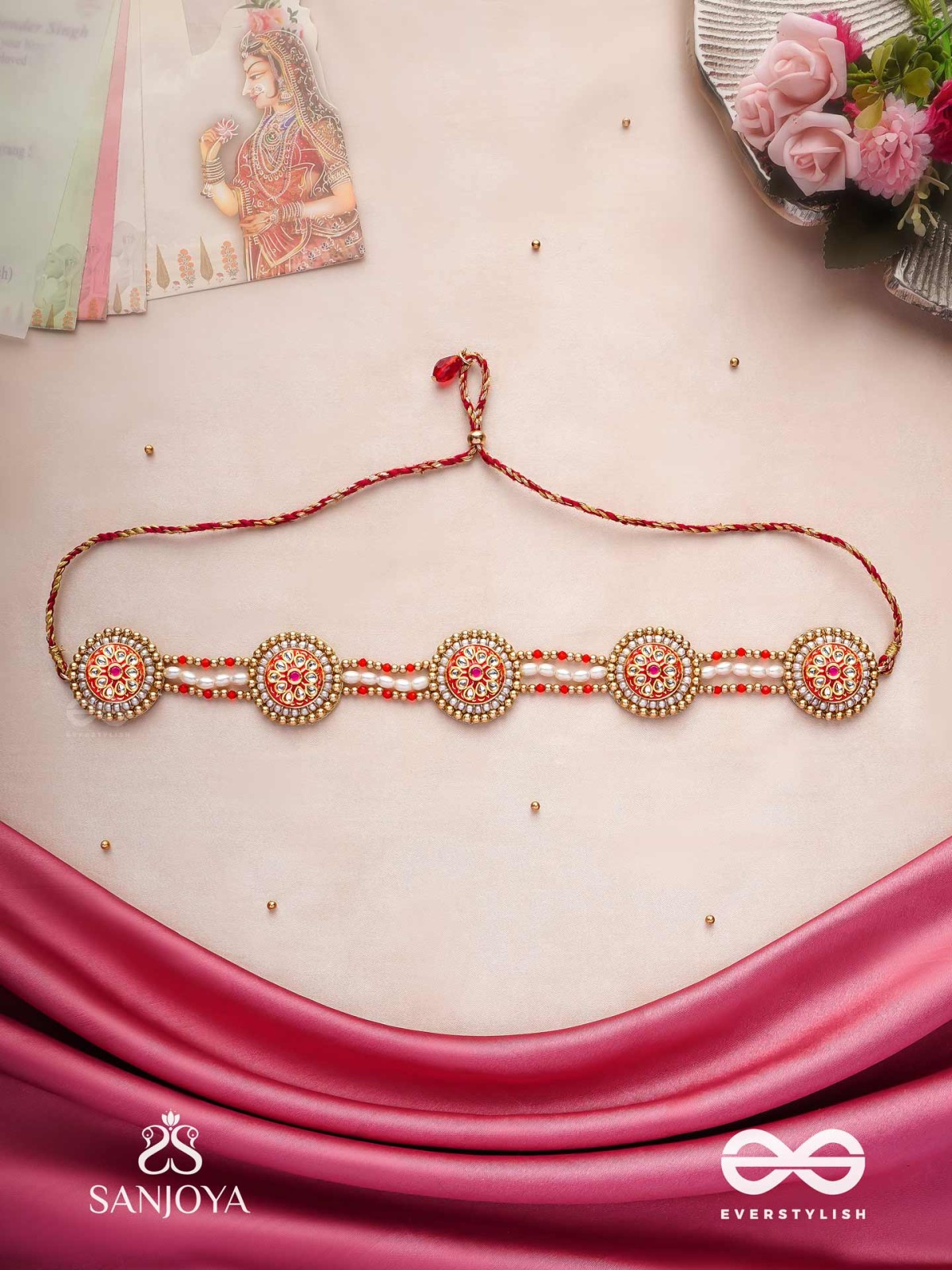 KUSUMAVALI - ROW OF FLOWERS - GOLDEN CIRCLES, PEARLS, RED DROPS AND KUNDAN HAND EMBROIDERED MATHAPATTI
