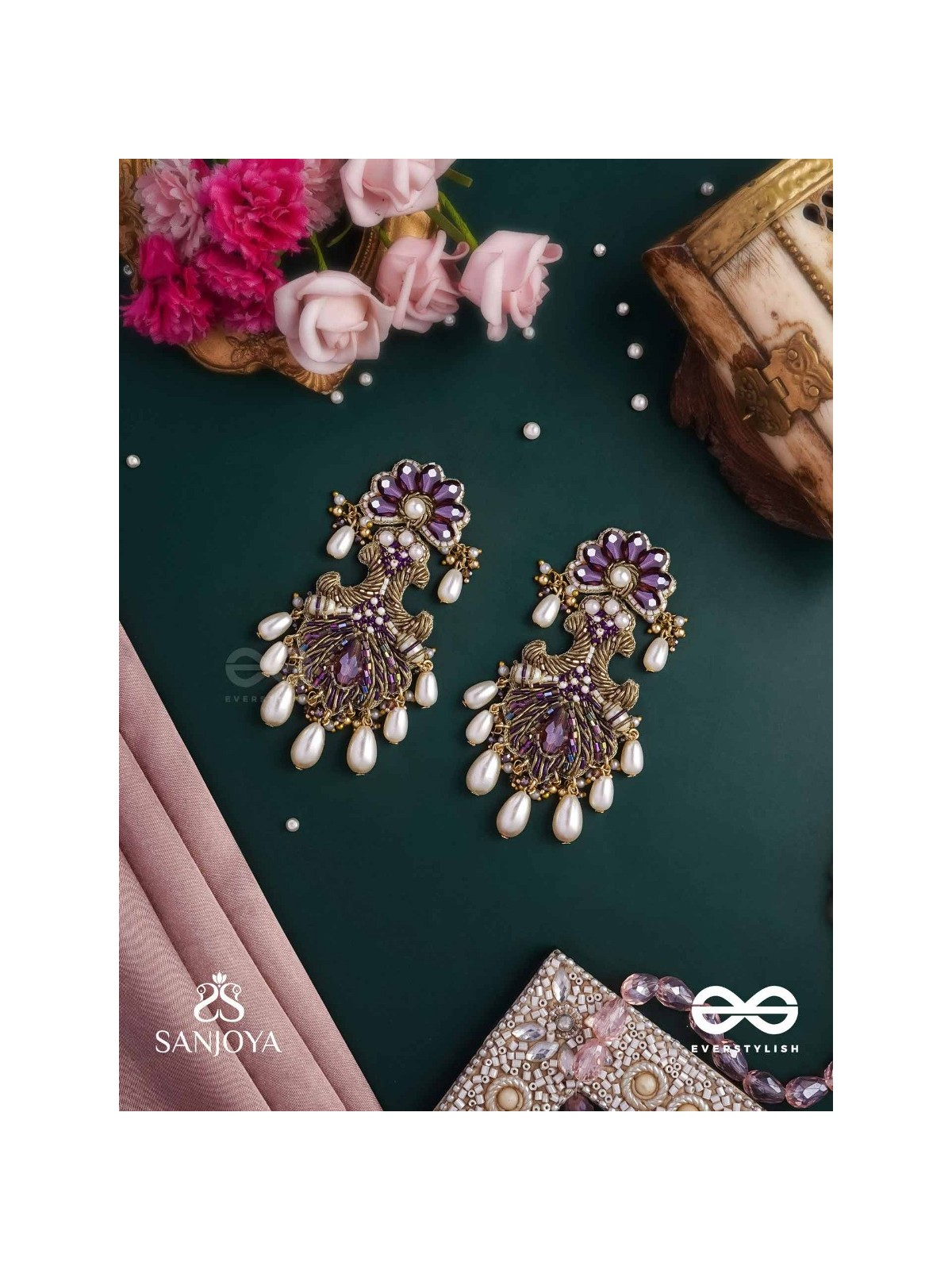 SHYAM PUSHP– DARK BLOSSOM A REGAL EARRING WITH RICH, DARK-HUED GEMSTONES AND PEARL ACCENTS, RESEMBLING A BLOOMING FLOWER