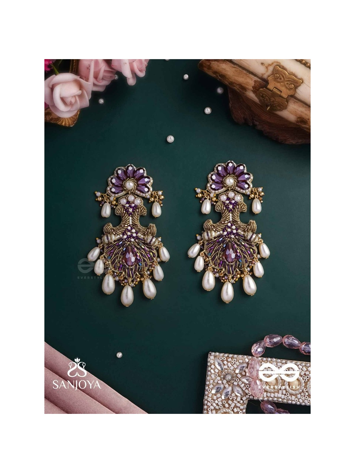 SHYAM PUSHP– DARK BLOSSOM A REGAL EARRING WITH RICH, DARK-HUED GEMSTONES AND PEARL ACCENTS, RESEMBLING A BLOOMING FLOWER