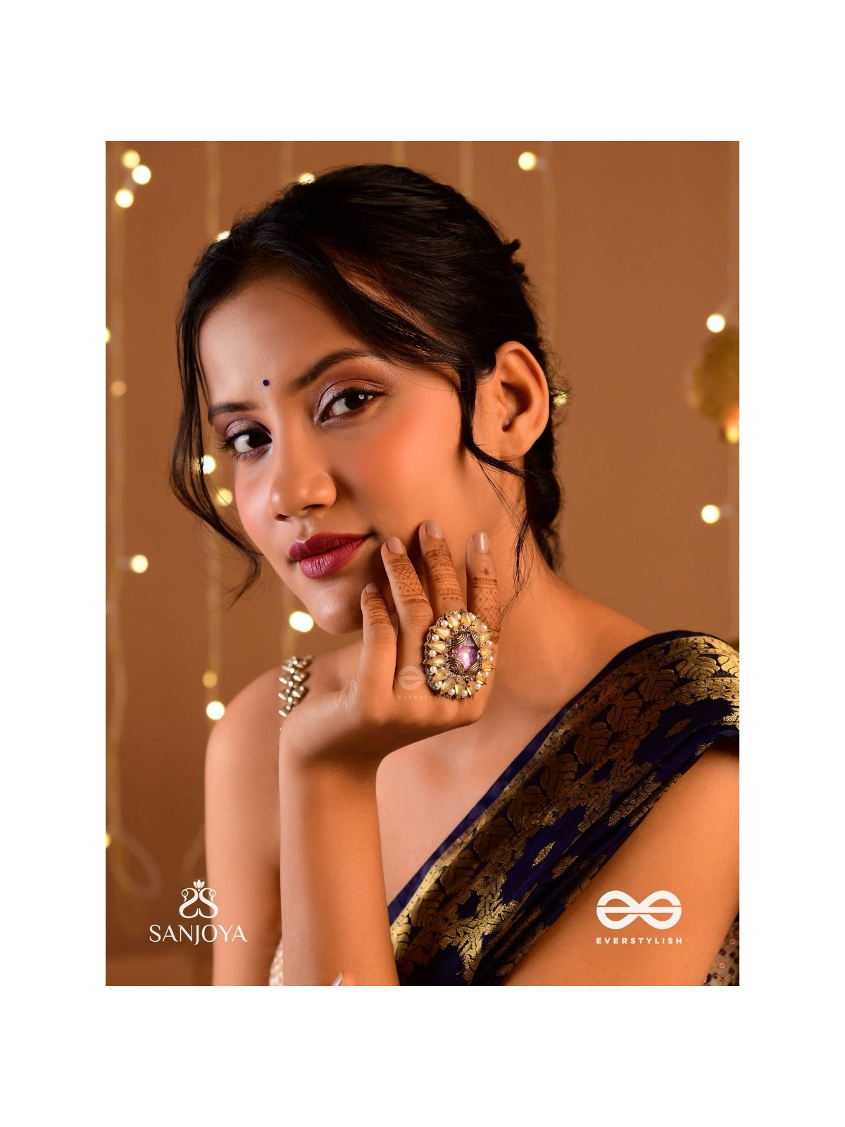 KANAKA PUSHPA – GOLDEN FLOWER EMBROIDERED FLOWER-SHAPED RING ADORNED WITH YELLOW GEMS AND PEARLS, GIVING A GOLDEN GLOW