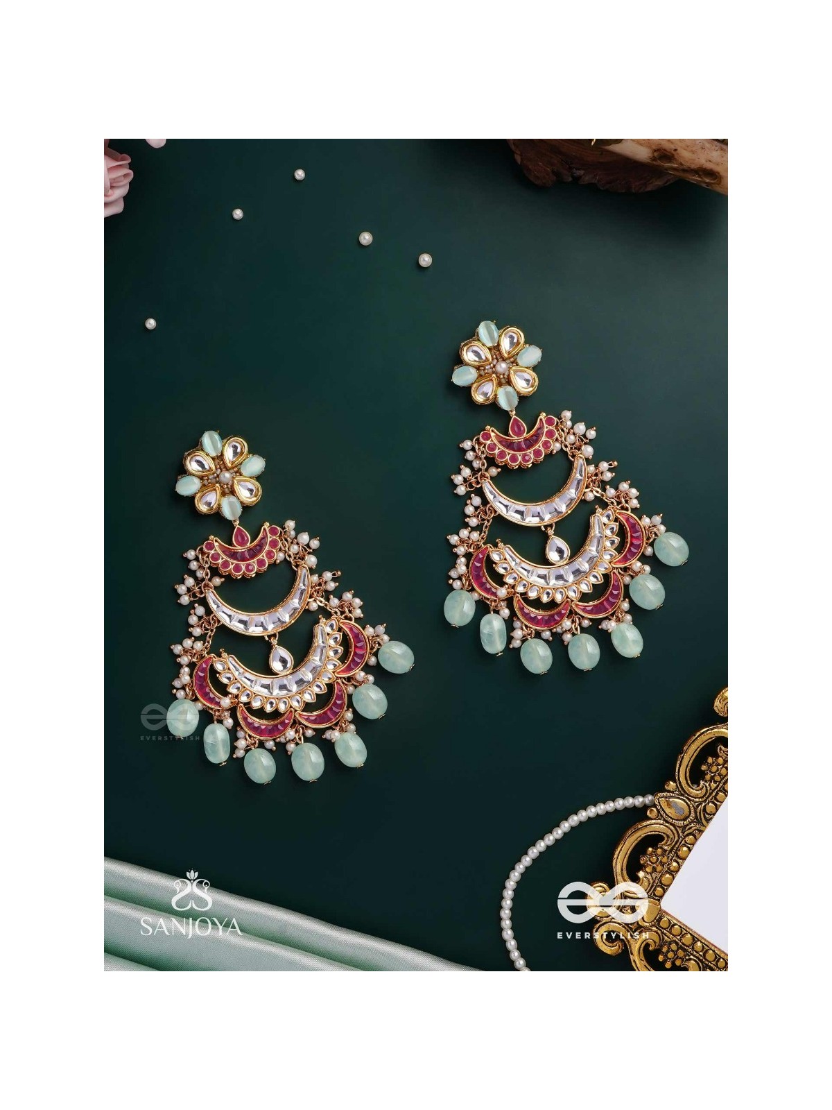 CHANDRIKA DHARA- MOONLIGHT CASCADE EXQUISITE FLORAL KUNDAN EARRINGS ADORNED WITH PEARLS AND PASTEL BEADS