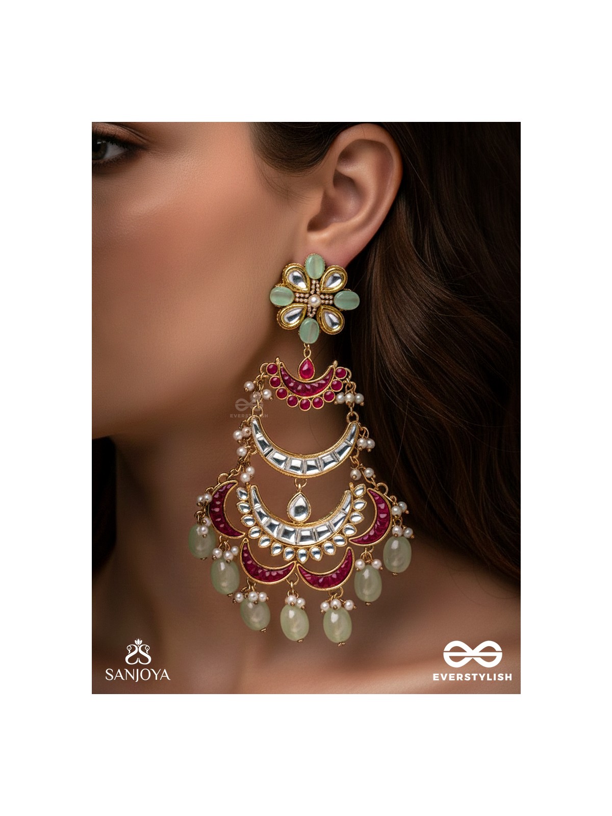 CHANDRIKA DHARA- MOONLIGHT CASCADE EXQUISITE FLORAL KUNDAN EARRINGS ADORNED WITH PEARLS AND PASTEL BEADS