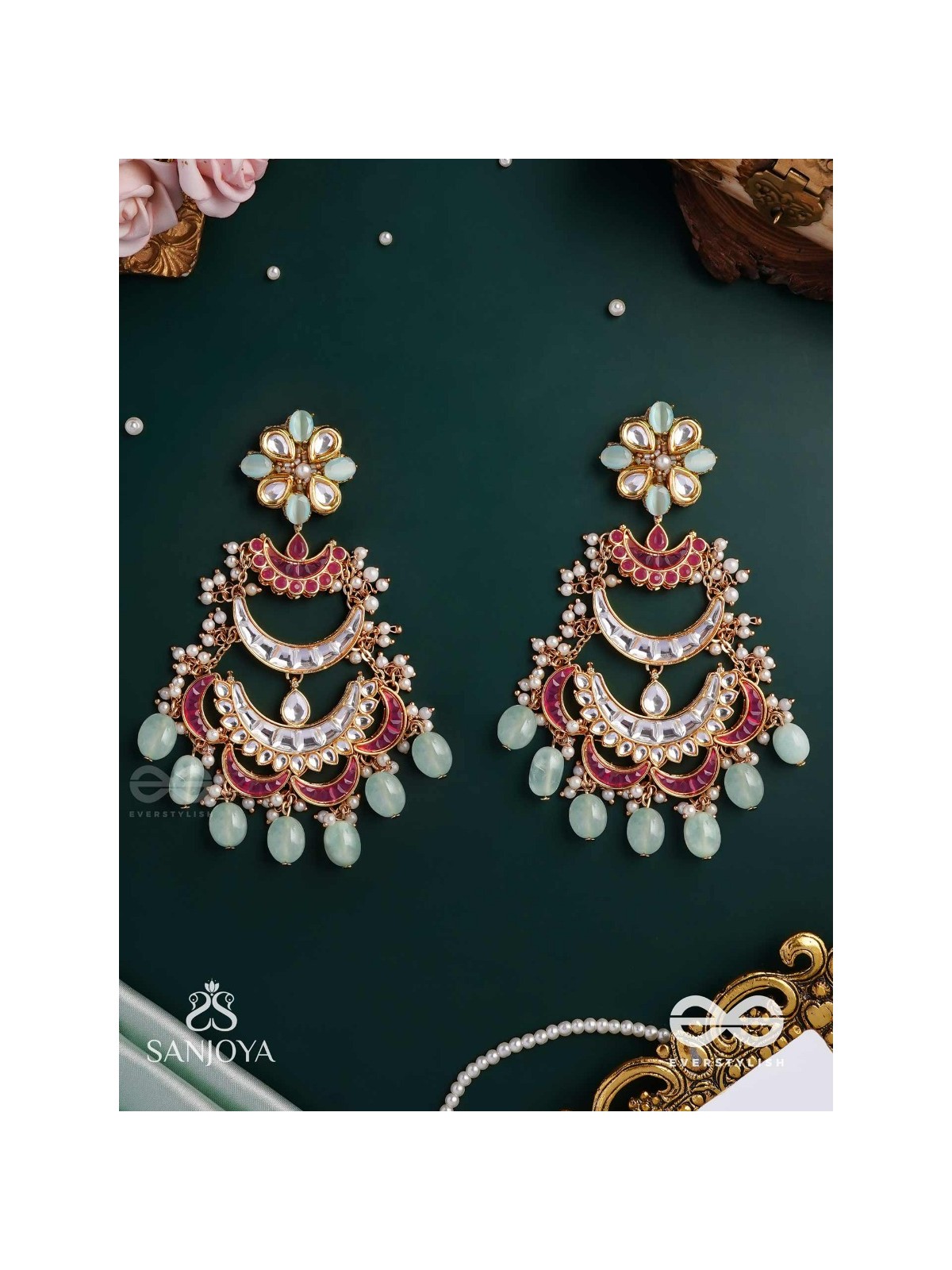 CHANDRIKA DHARA- MOONLIGHT CASCADE EXQUISITE FLORAL KUNDAN EARRINGS ADORNED WITH PEARLS AND PASTEL BEADS
