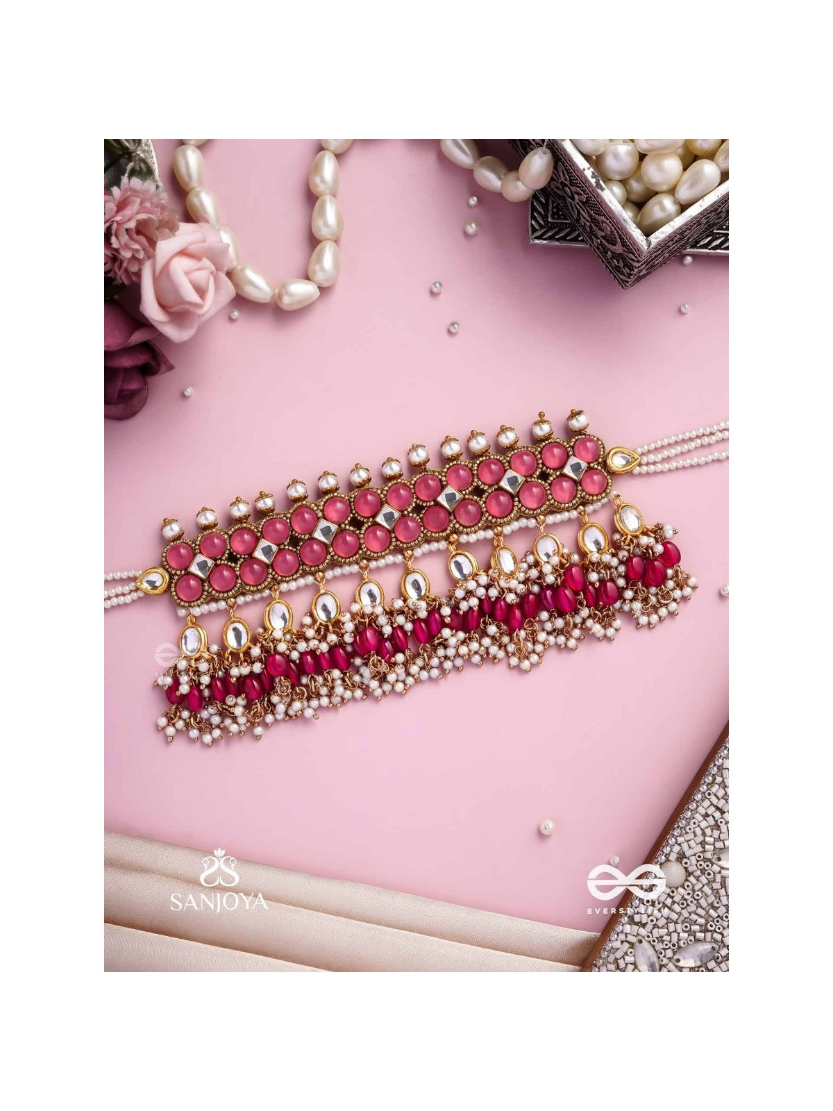 GULABI DHARA – SUHANA KHAN INSPIRED NECKPIECE FEATURING KUNDAN, RED GEMSTONES AND PEARLS