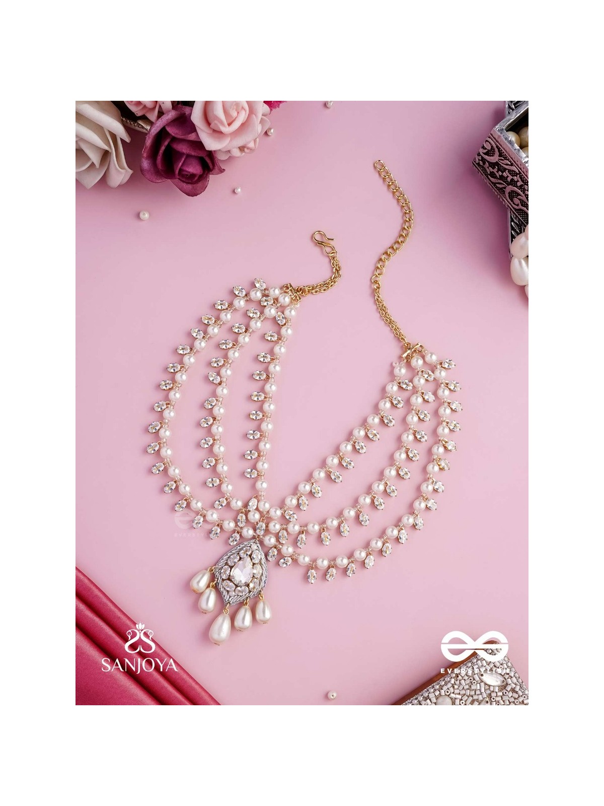 SHWETAPUSHPA– SHLOKA AMBANI INSPIRED NECKPIECE WITH SILVER ACCENTS, CZ STONES AND PEARLS