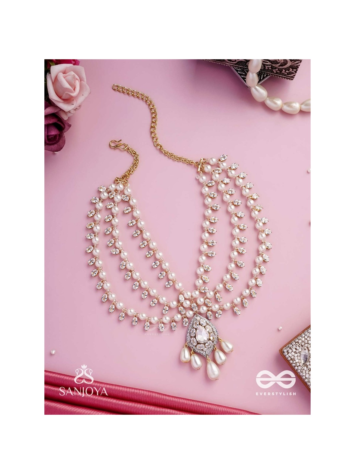 SHWETAPUSHPA– SHLOKA AMBANI INSPIRED NECKPIECE WITH SILVER ACCENTS, CZ STONES AND PEARLS