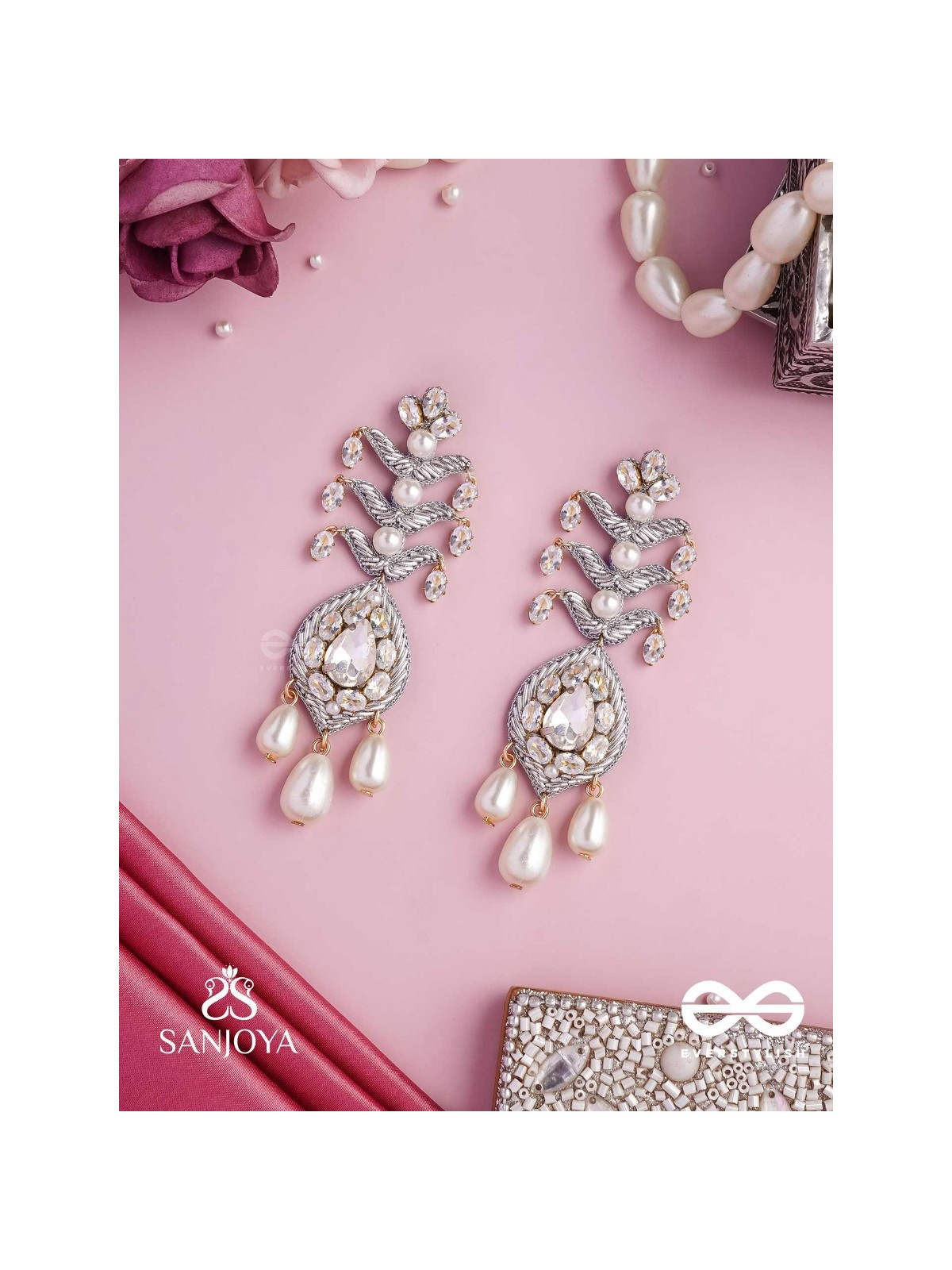 SHWETAPUSHPA– SHLOKA AMBANI INSPIRED EARRINGS WITH SILVER ACCENTS, CZ STONES AND PEARLS