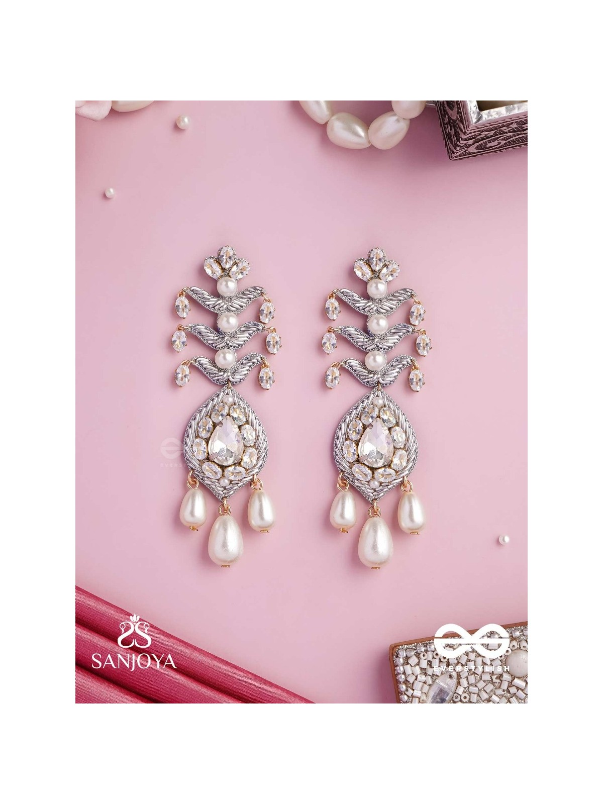 SHWETAPUSHPA– SHLOKA AMBANI INSPIRED EARRINGS WITH SILVER ACCENTS, CZ STONES AND PEARLS