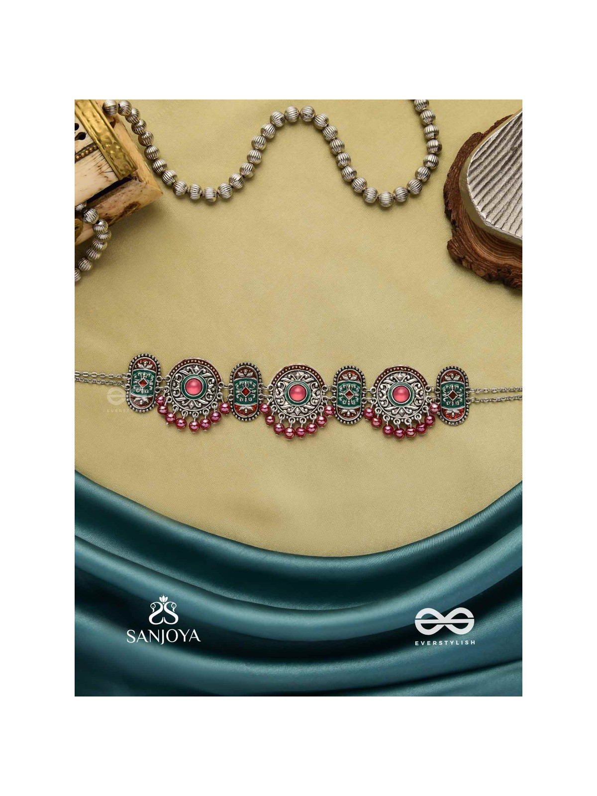 RAKTASHREE– RED ELEGANCE : OXIDIZED CHOKER WITH INTRICATE WORK AND BOLD RED ACCENTS, PERFECT FOR A TRADITIONAL LOOK