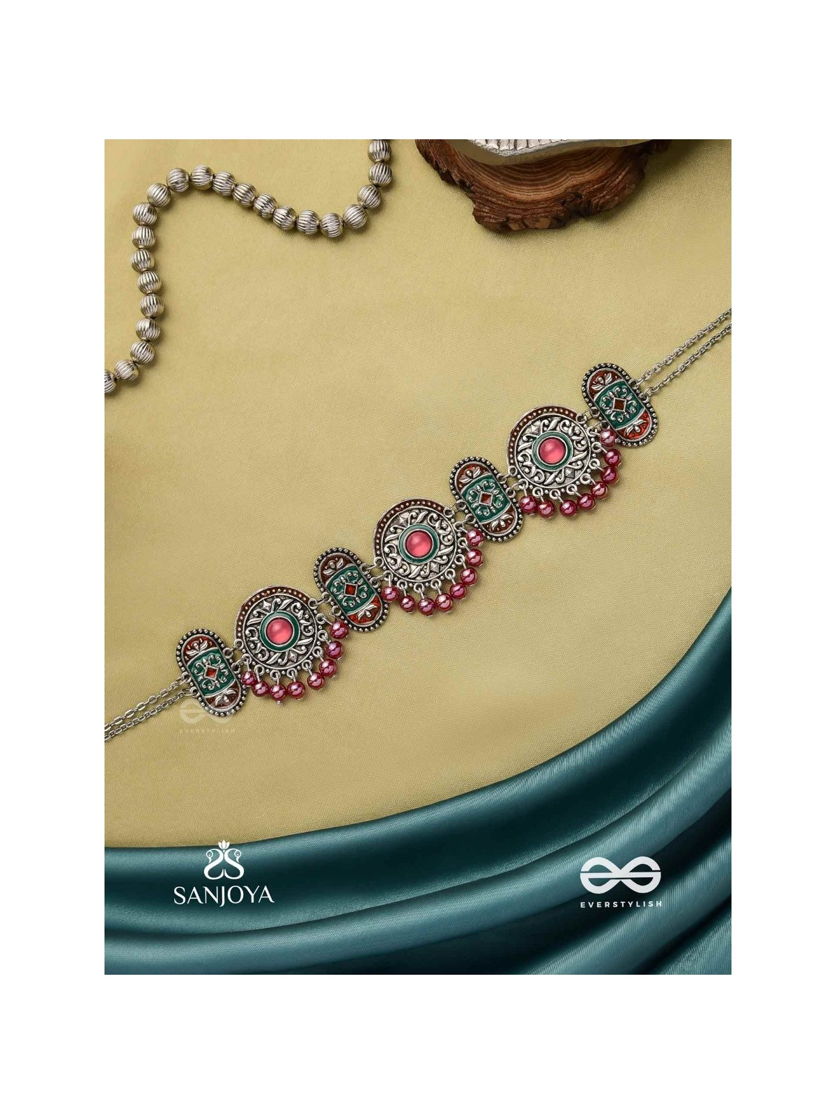 RAKTASHREE– RED ELEGANCE : OXIDIZED CHOKER WITH INTRICATE WORK AND BOLD RED ACCENTS, PERFECT FOR A TRADITIONAL LOOK