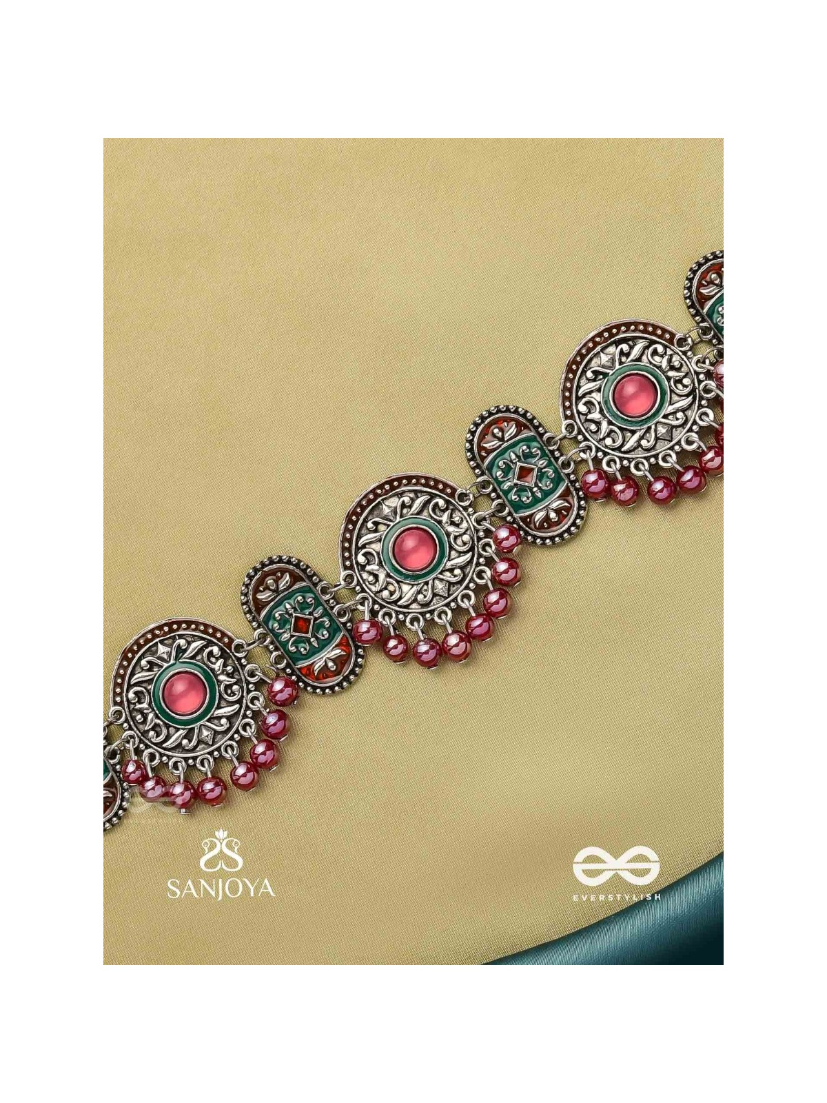 RAKTASHREE– RED ELEGANCE : OXIDIZED CHOKER WITH INTRICATE WORK AND BOLD RED ACCENTS, PERFECT FOR A TRADITIONAL LOOK