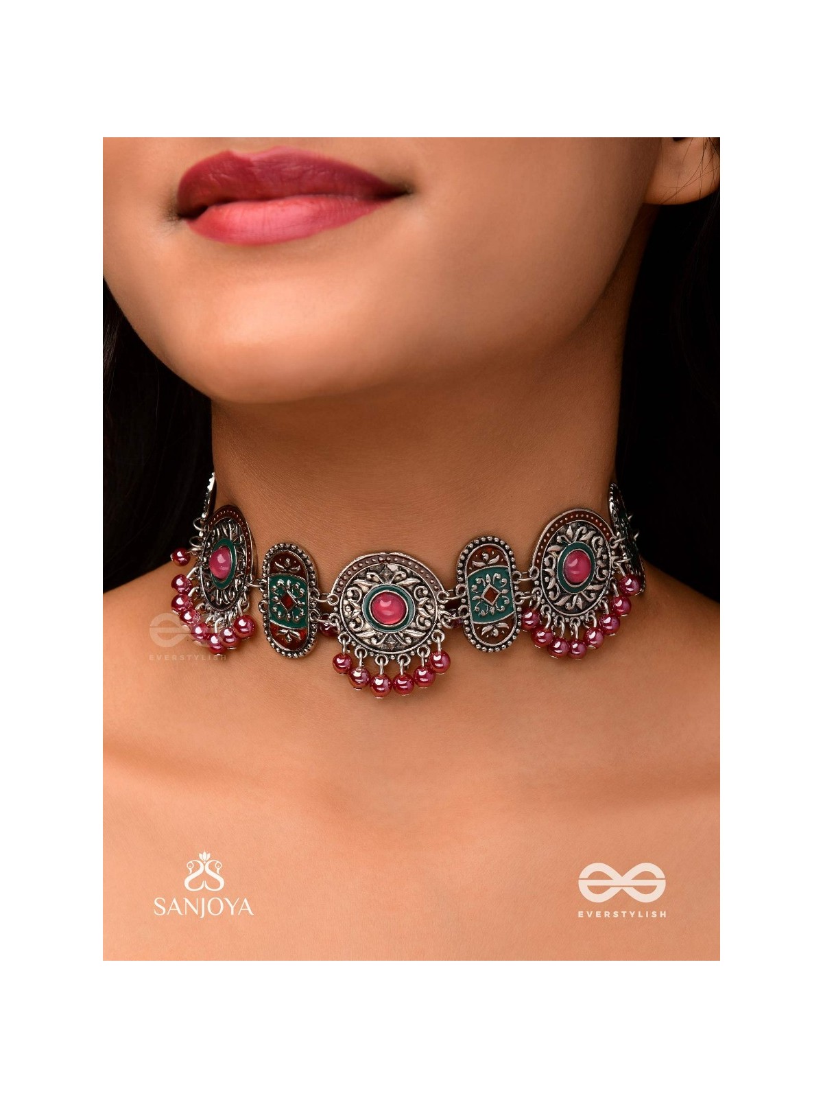 RAKTASHREE– RED ELEGANCE : OXIDIZED CHOKER WITH INTRICATE WORK AND BOLD RED ACCENTS, PERFECT FOR A TRADITIONAL LOOK