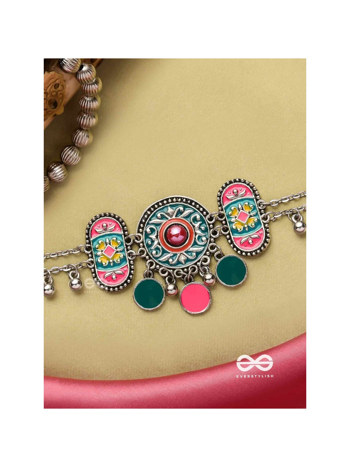 TRIBAL GRACE- ENAMELED OXIDIZED CHOKER WITH GHUNGROO'S