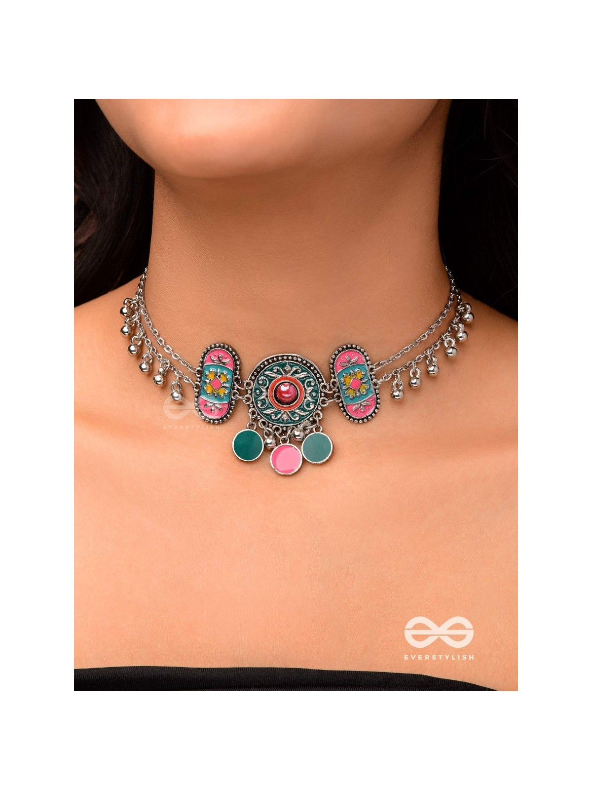TRIBAL GRACE- ENAMELED OXIDIZED CHOKER WITH GHUNGROO'S