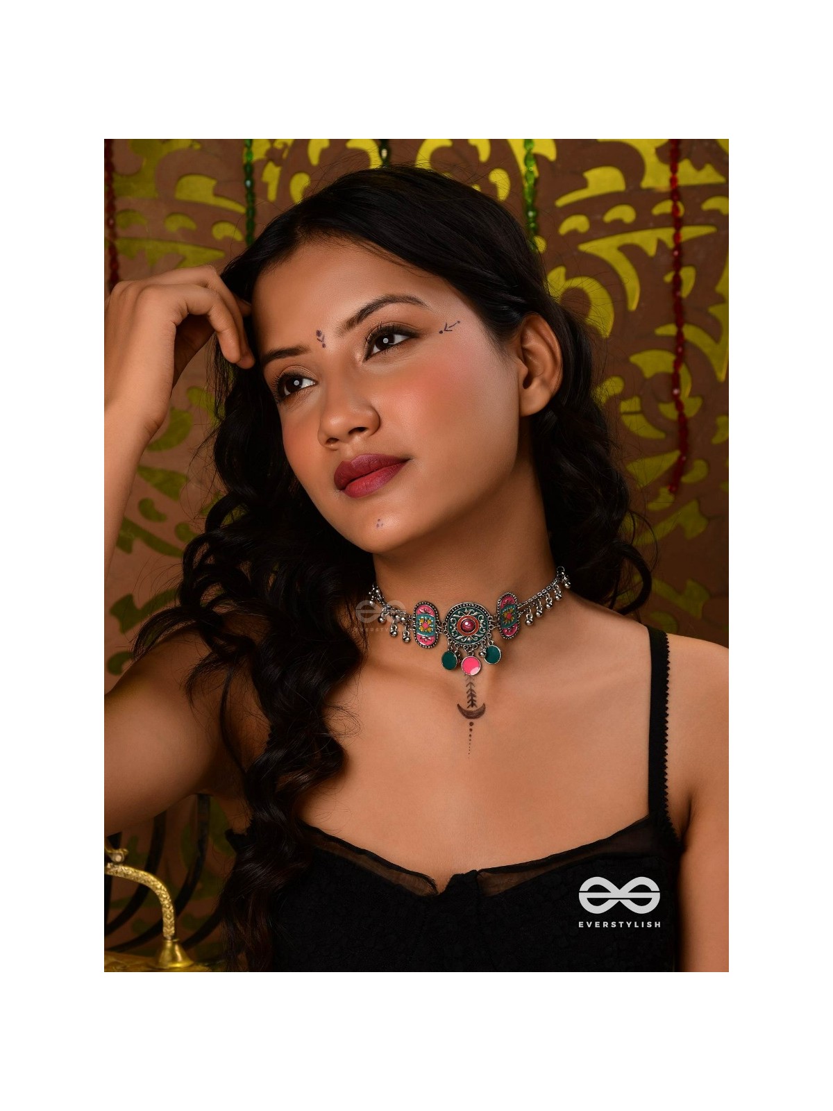 TRIBAL GRACE- ENAMELED OXIDIZED CHOKER WITH GHUNGROO'S