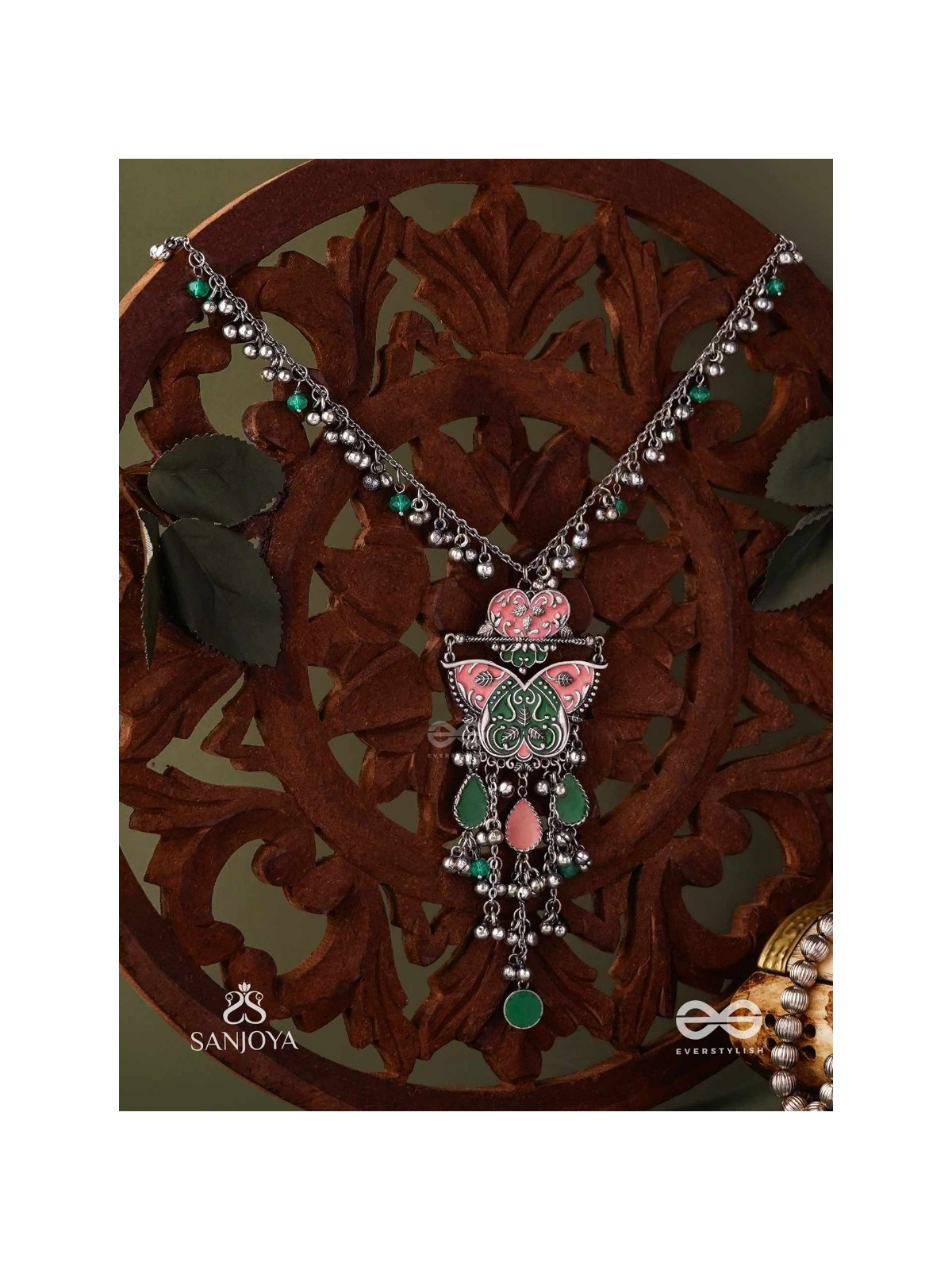 MAYURA MAALA- PECOCK NECKLACE: ENAMELLED OXIDISED NECKLACE WITH GHUNGROO AND BEADS