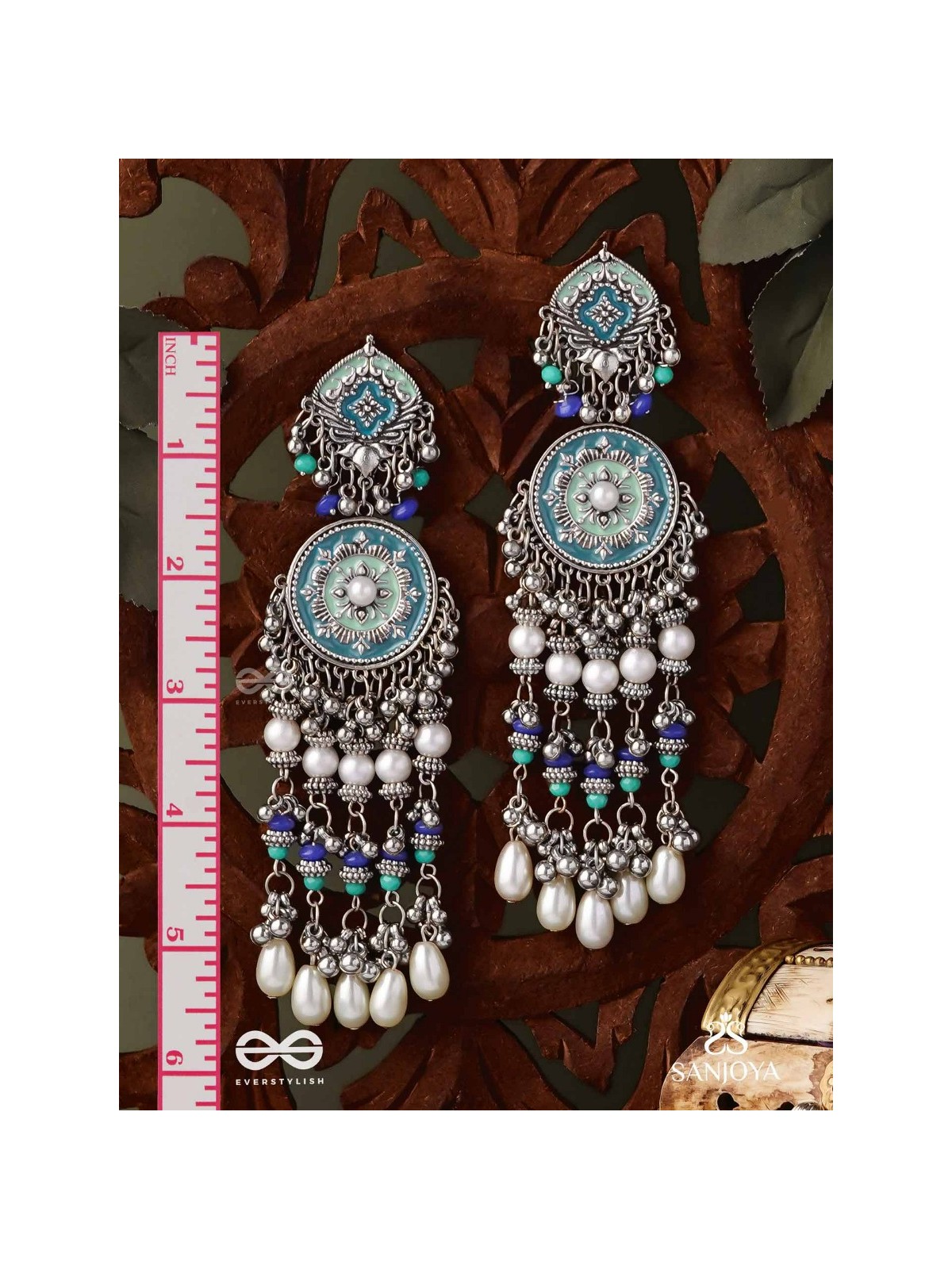 NEELKAMALA – BLUE LOTUS OXIDIZED EARRINGS WITH BLUE BEADS AND INTRICATE WORK, ADORNED WITH PEARLS & GHUNGROO'S