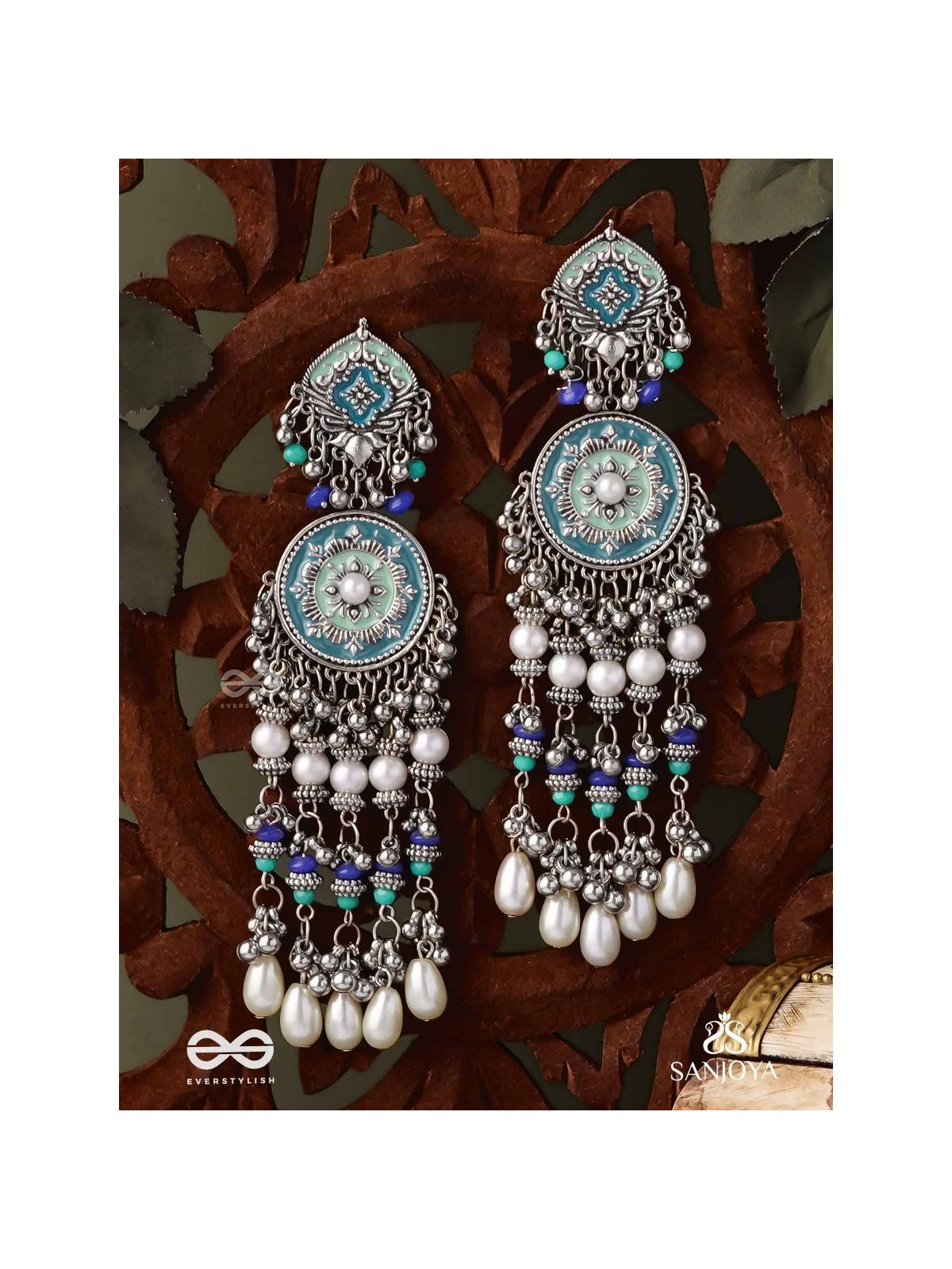 NEELKAMALA – BLUE LOTUS OXIDIZED EARRINGS WITH BLUE BEADS AND INTRICATE WORK, ADORNED WITH PEARLS & GHUNGROO'S